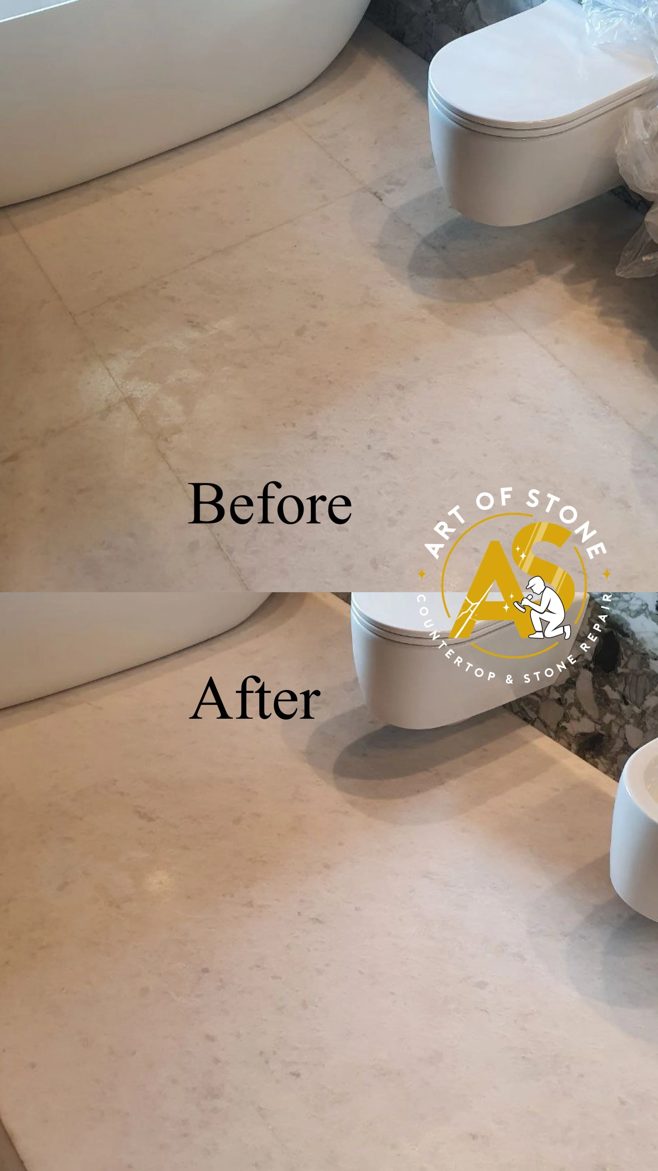 Before and After marble floor regrouting and polishing, restoring clean joints and smooth surface