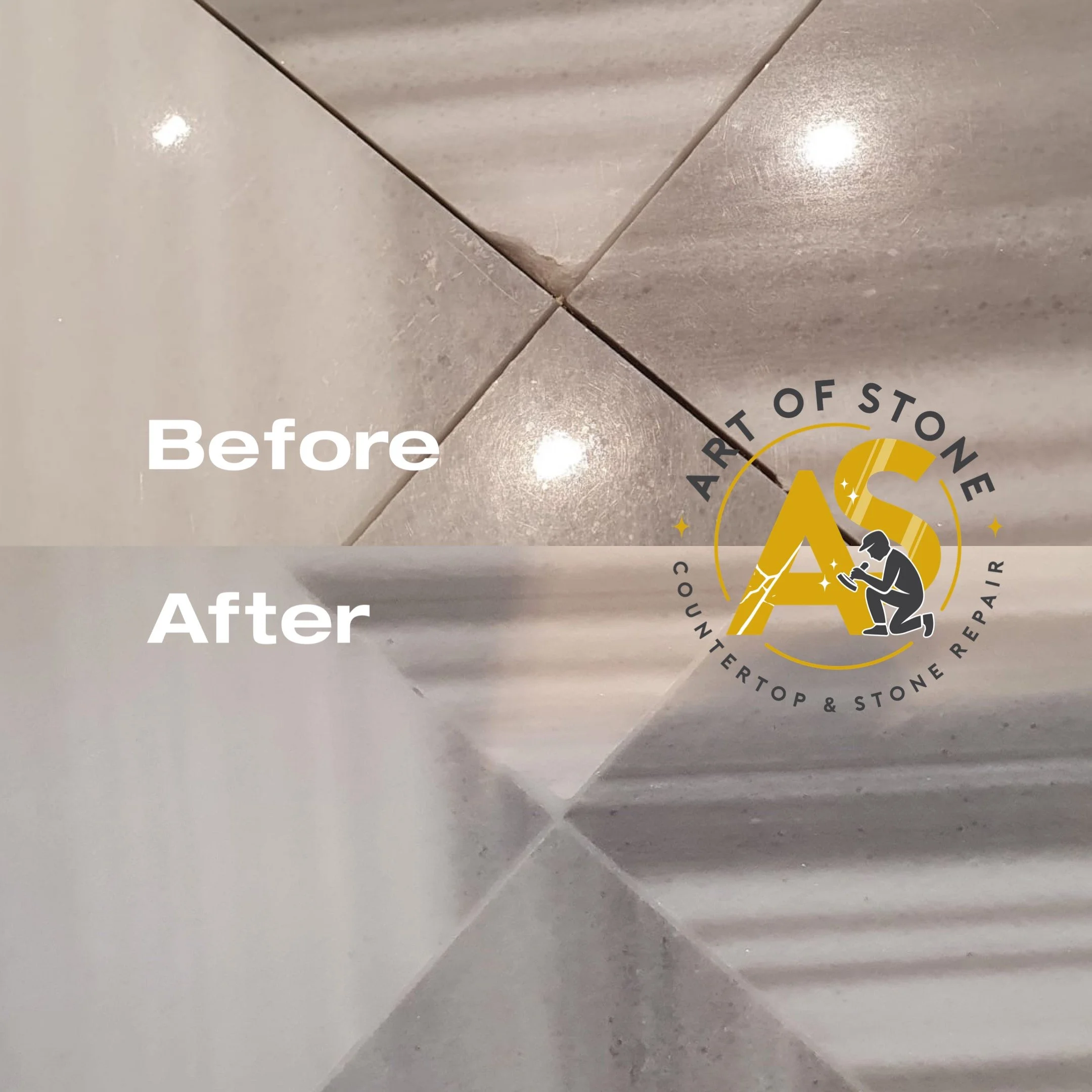 Before and after stone tile corner repair with precise edge rebuilding and smooth surface blending.
