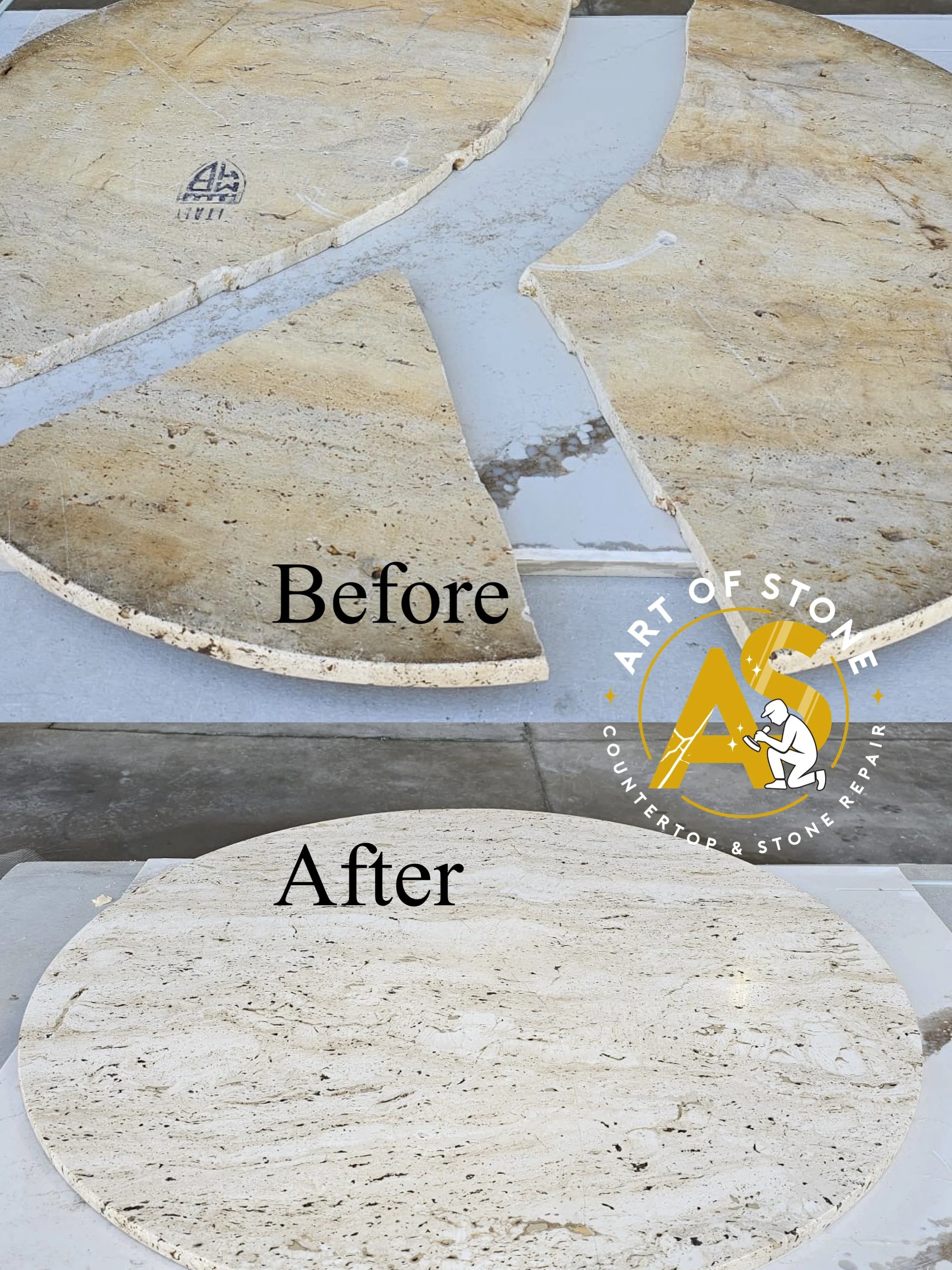 Travertine tabletop repair and full restoration – before and after, Charleston, SC