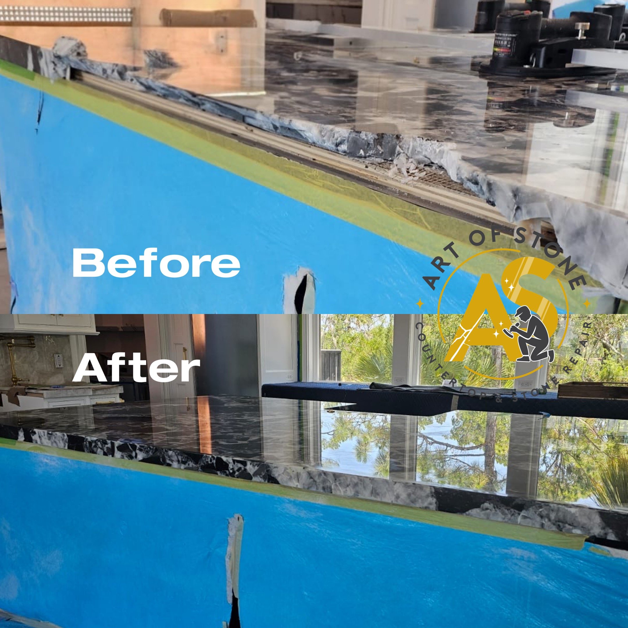 Severely Damaged Stone Countertop Edge – Full Restoration