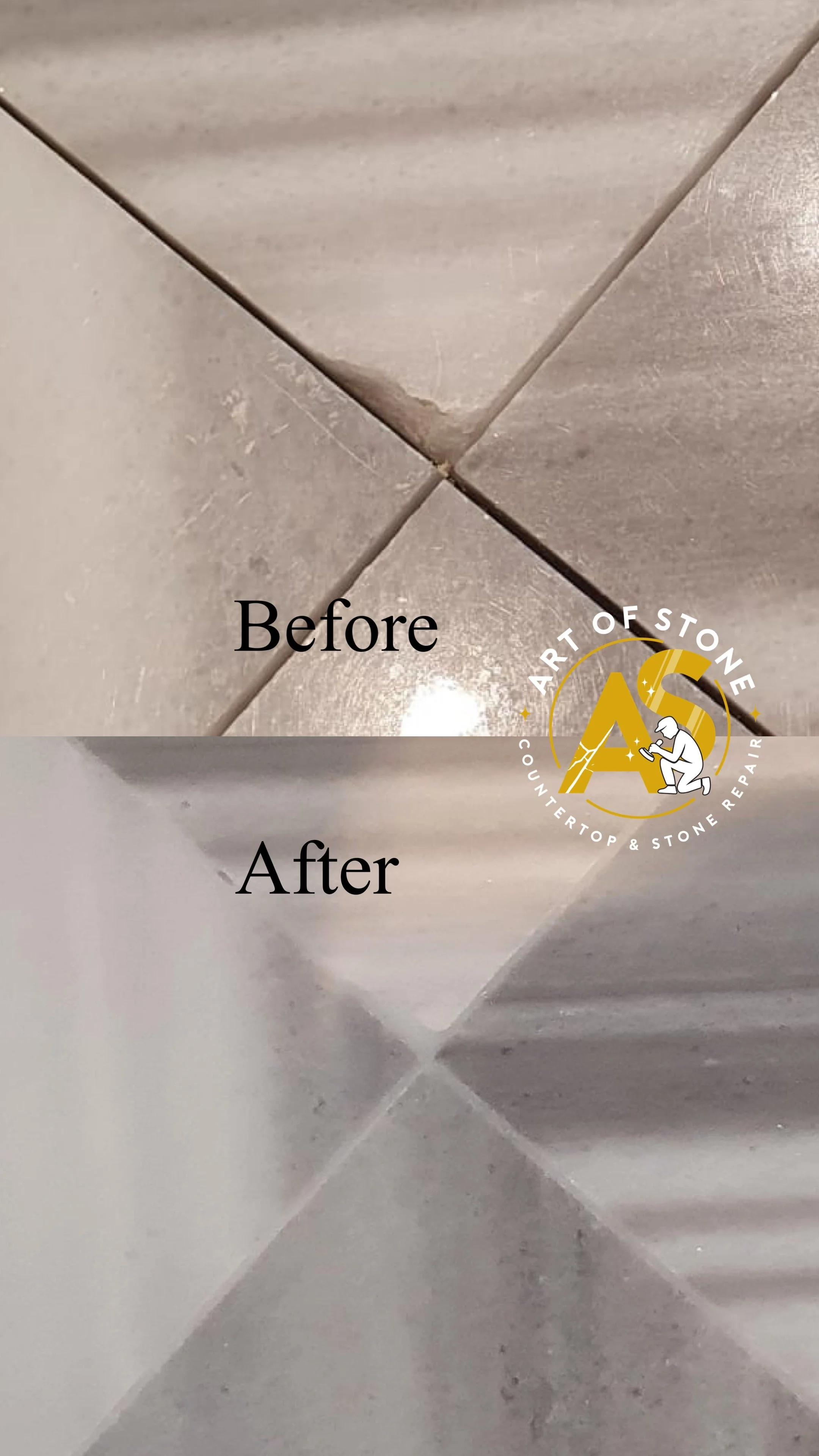 Marble chip repair with custom color-matched materials, regrouting and protective sealing. 