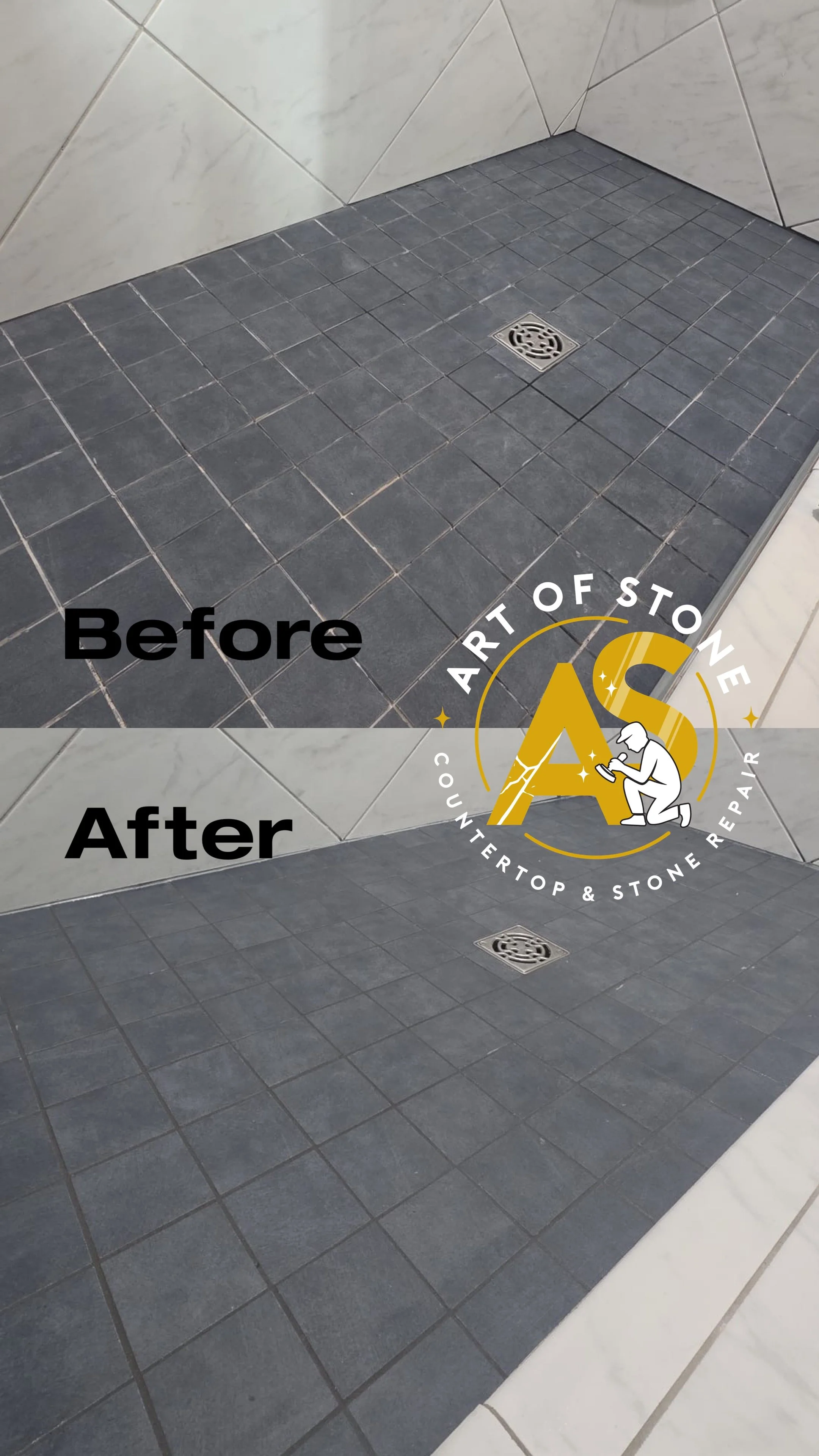 Shower floor restoration before and after, old grout removal, new grout installation, and silicone replacement in Charleston SC