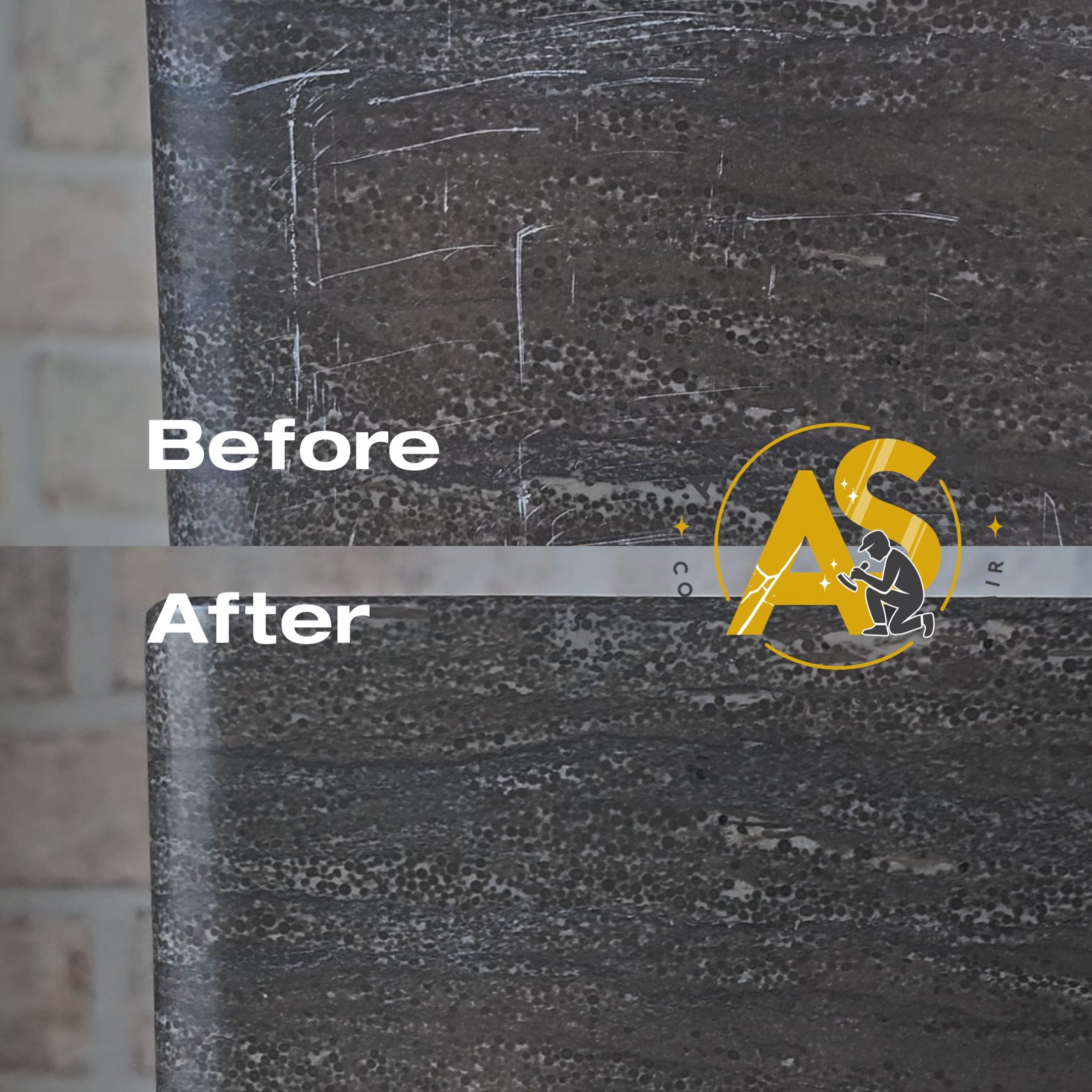 Before and after dark stone surface refinishing with scratch removal, honing, and uniform texture restoration.