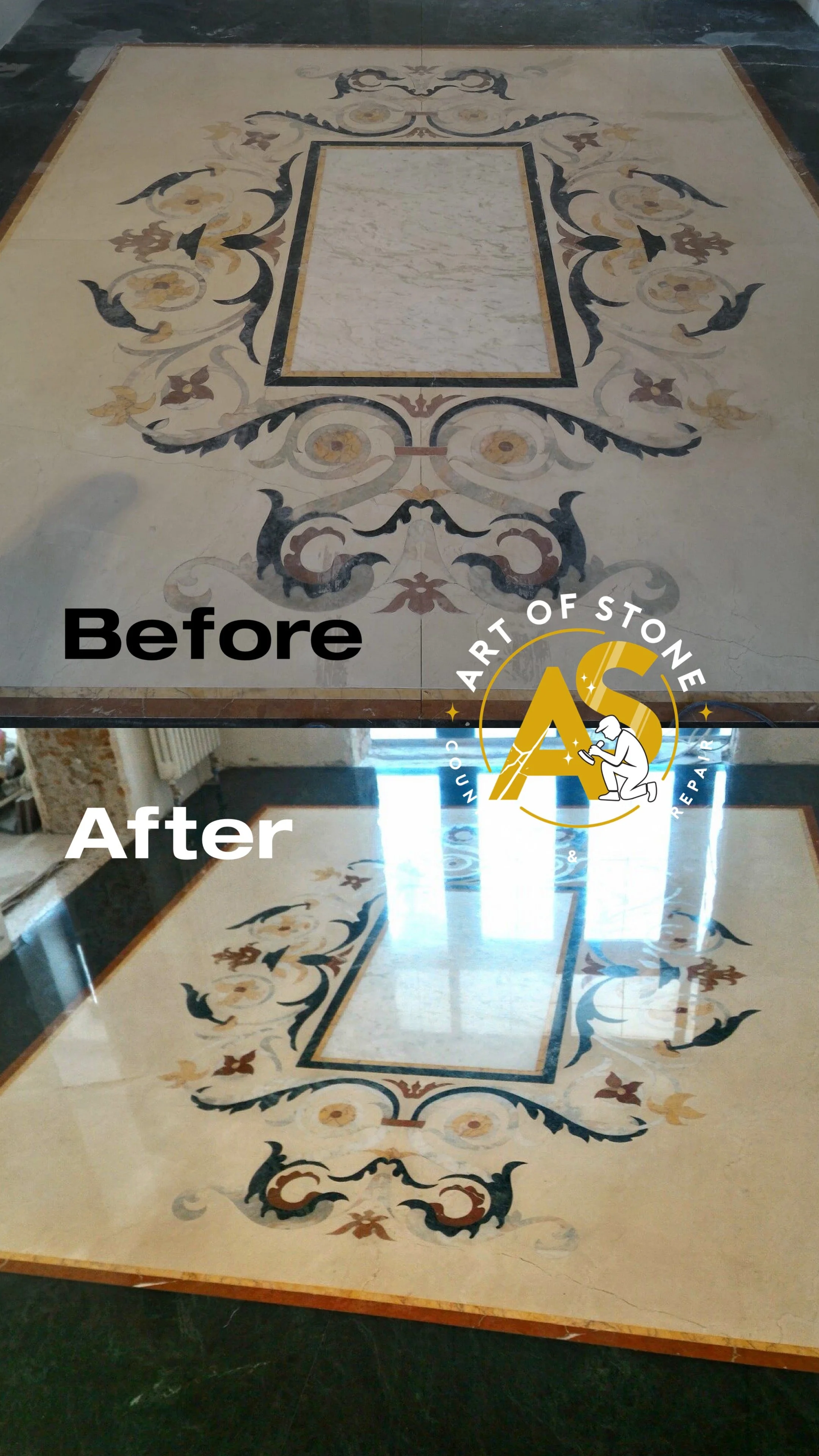 Marble floor polishing and restoration – before and after, Charleston, SC