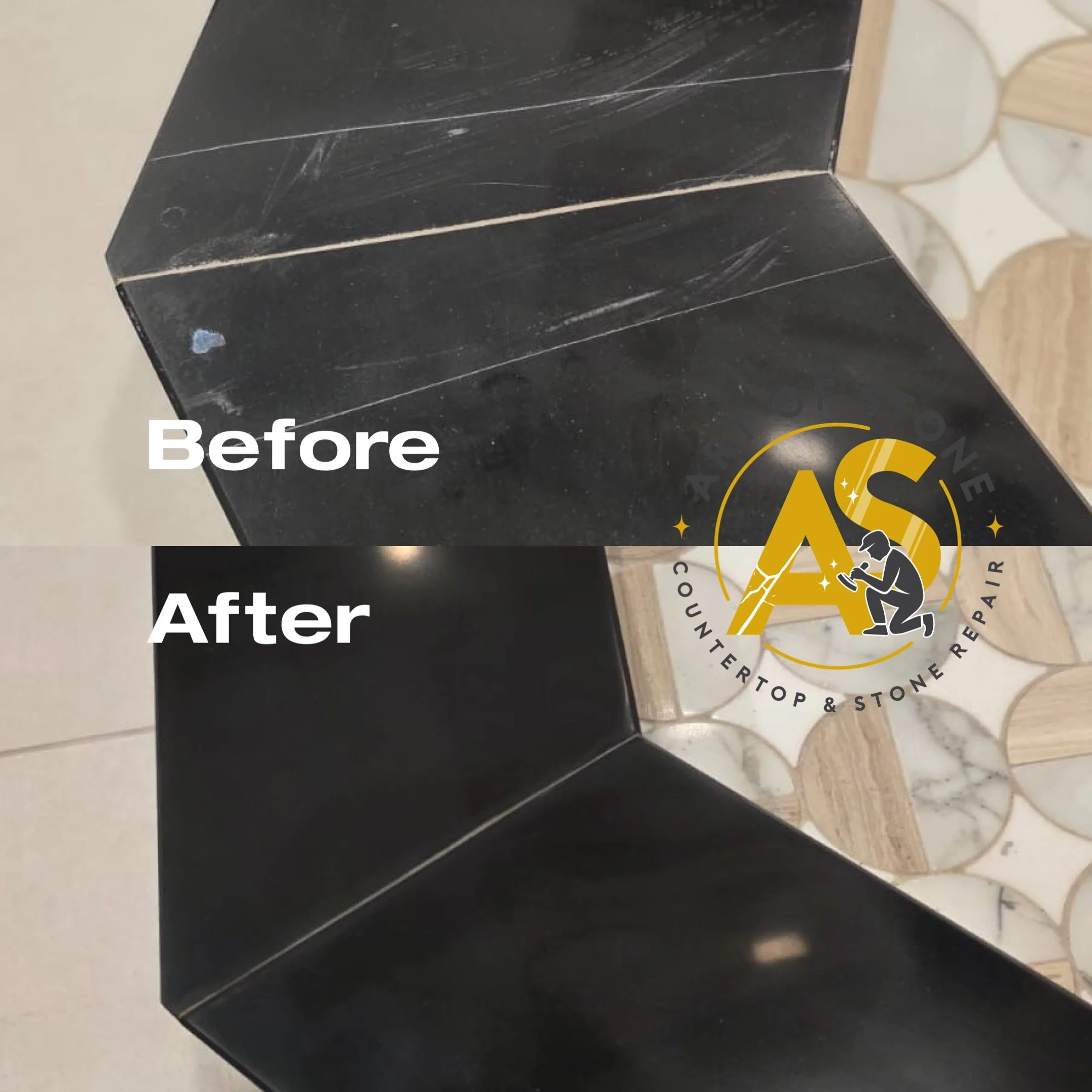 Before and after quartz shower threshold (curb) polishing with scratch and stain removal, restoring a smooth, clean, and uniform surface finish. 
