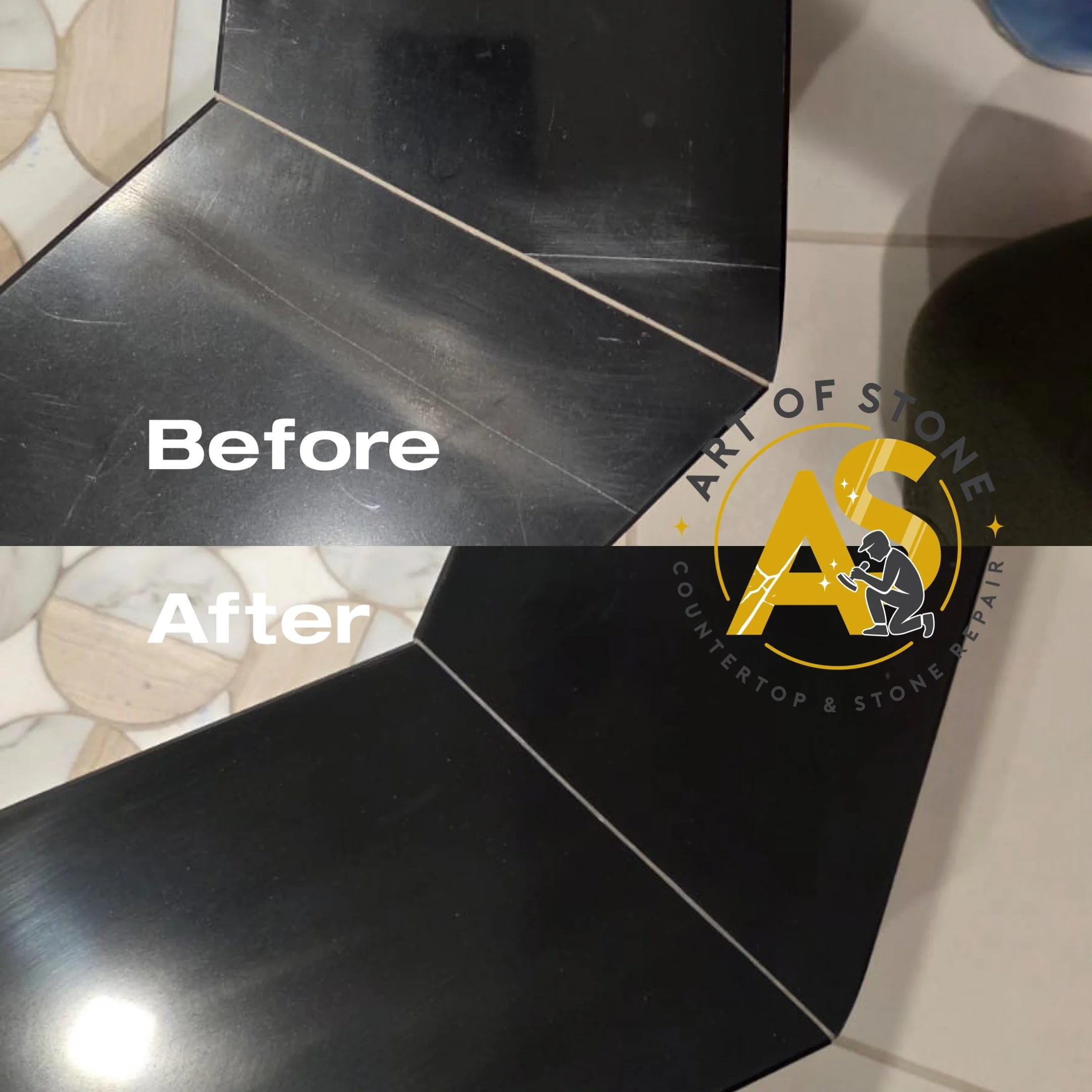 Before and after quartz shower threshold (curb) polishing with scratch and stain removal, restoring a smooth, clean, and uniform surface finish. 