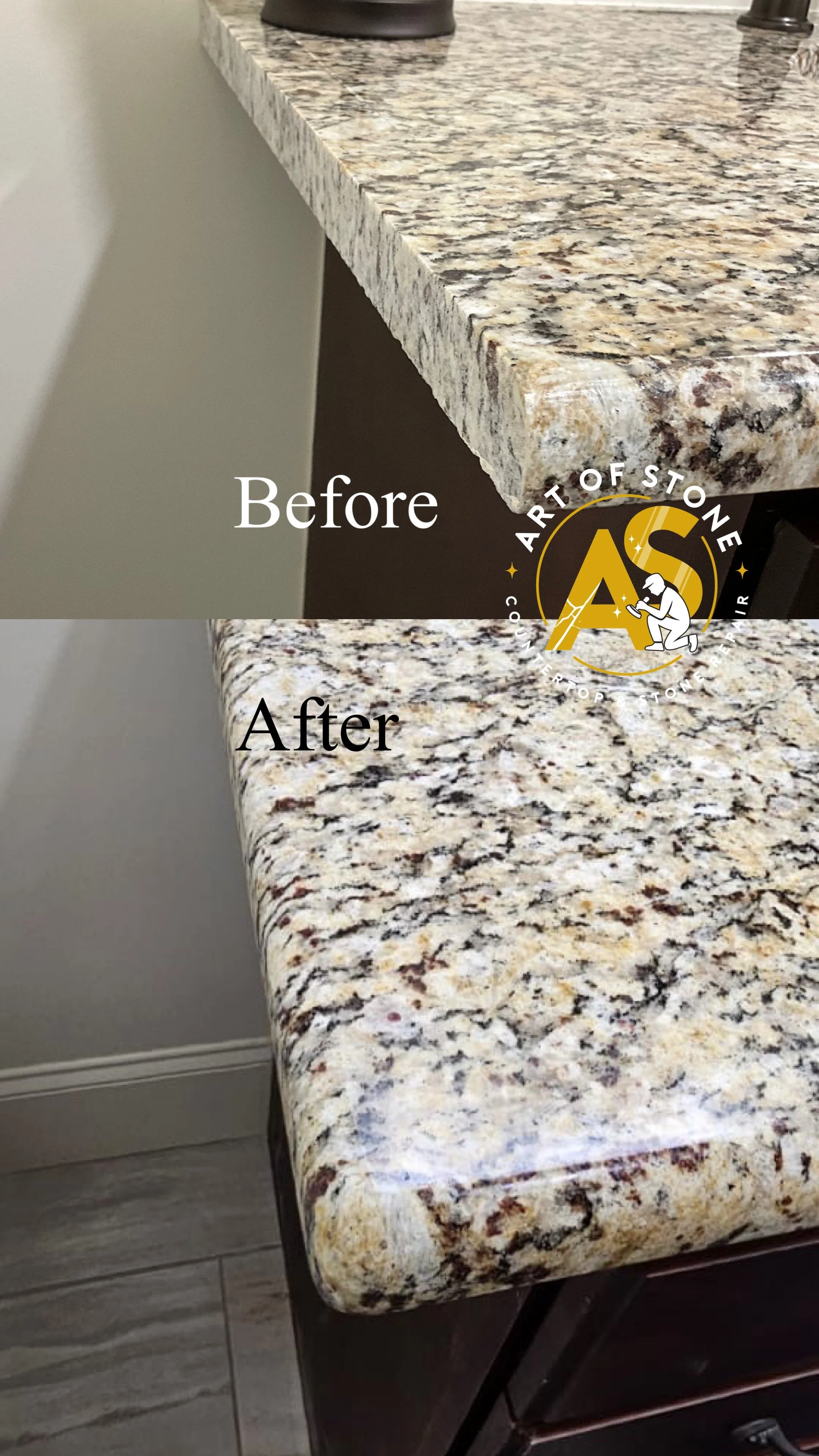 Before ad after on-site Granite Vanity Edge Rounding and Professional Polishing, transforming a sharp edge into a smooth, rounded, professionally finished surface.