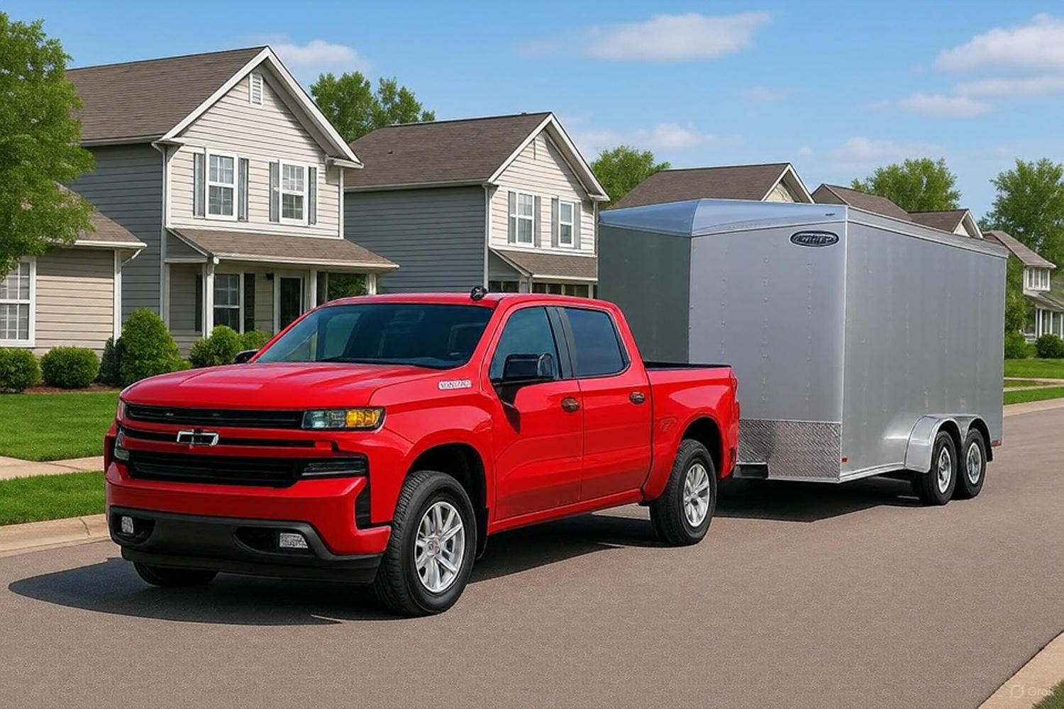 A red pickup truck towing a silver enclosed trailer parked on a residential street with houses and green lawns in the background.