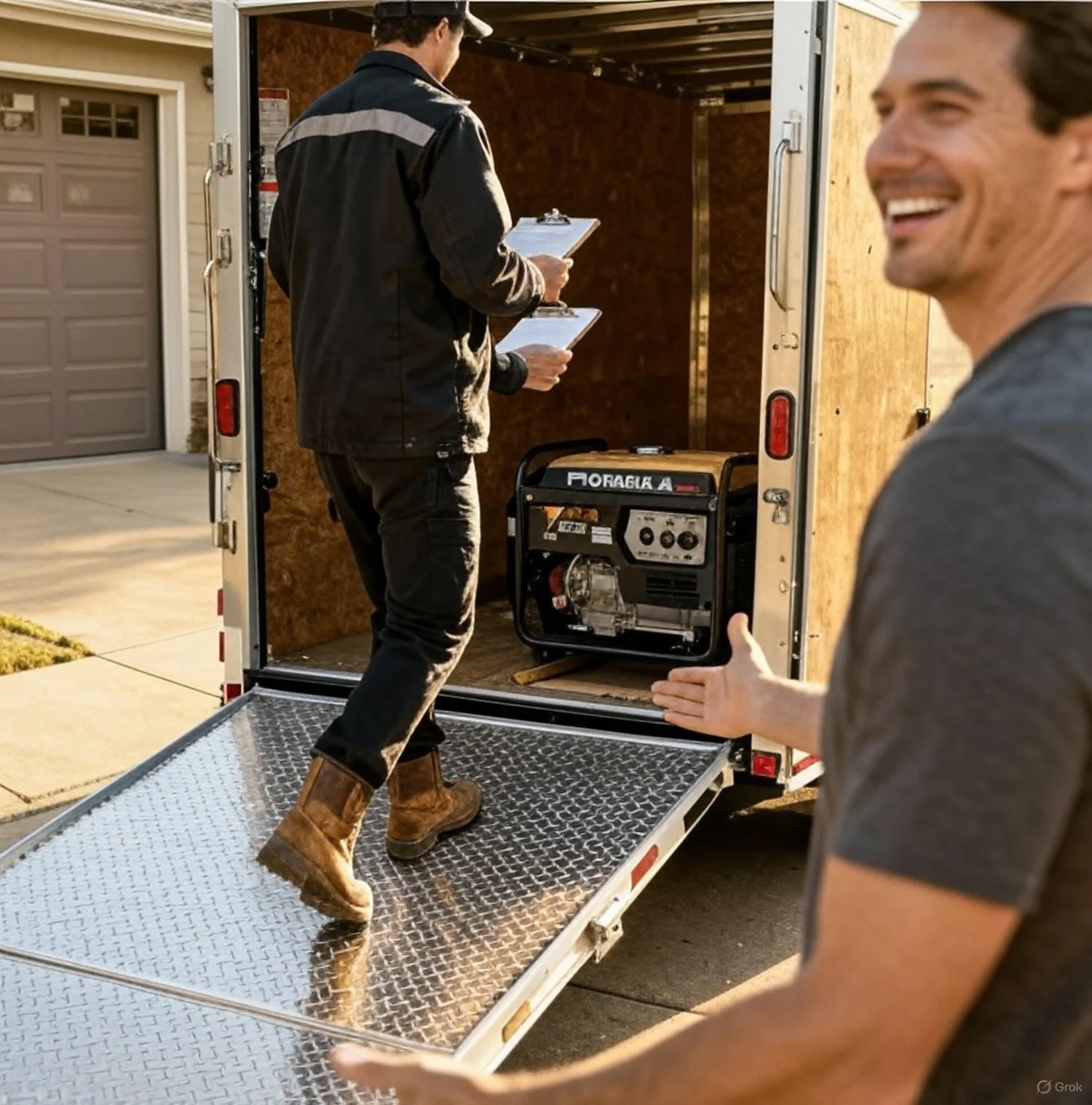 Two men loading a portable generator into a trailer, one of them is smiling at the camera.