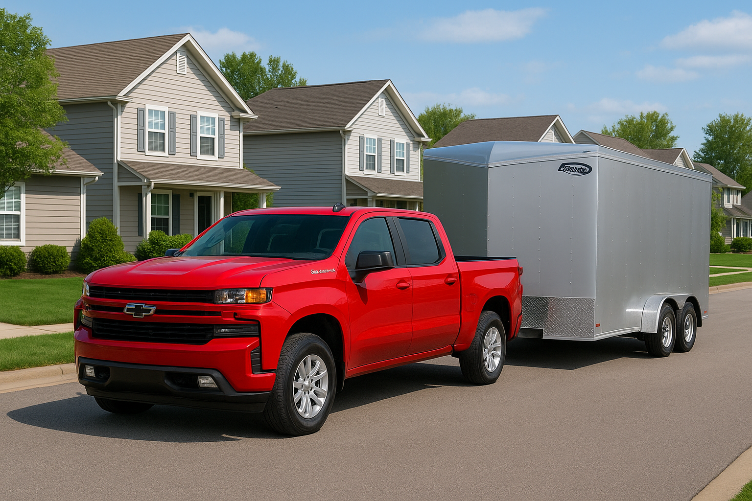 Red Chevrolet pickup truck towing a silver enclosed trailer parked on a suburban street with houses and green lawns in the background.