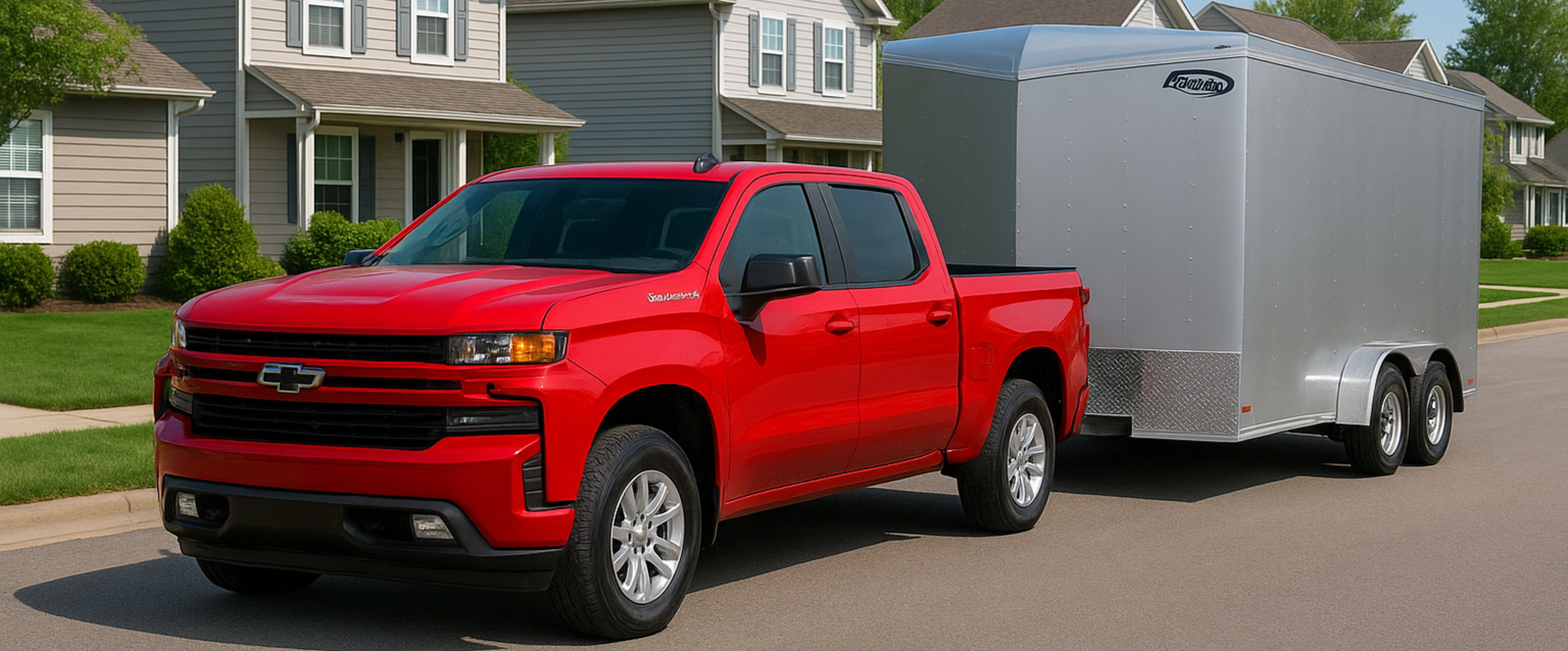 A red Chevrolet pickup truck towing a silver enclosed trailer parked on a suburban street.