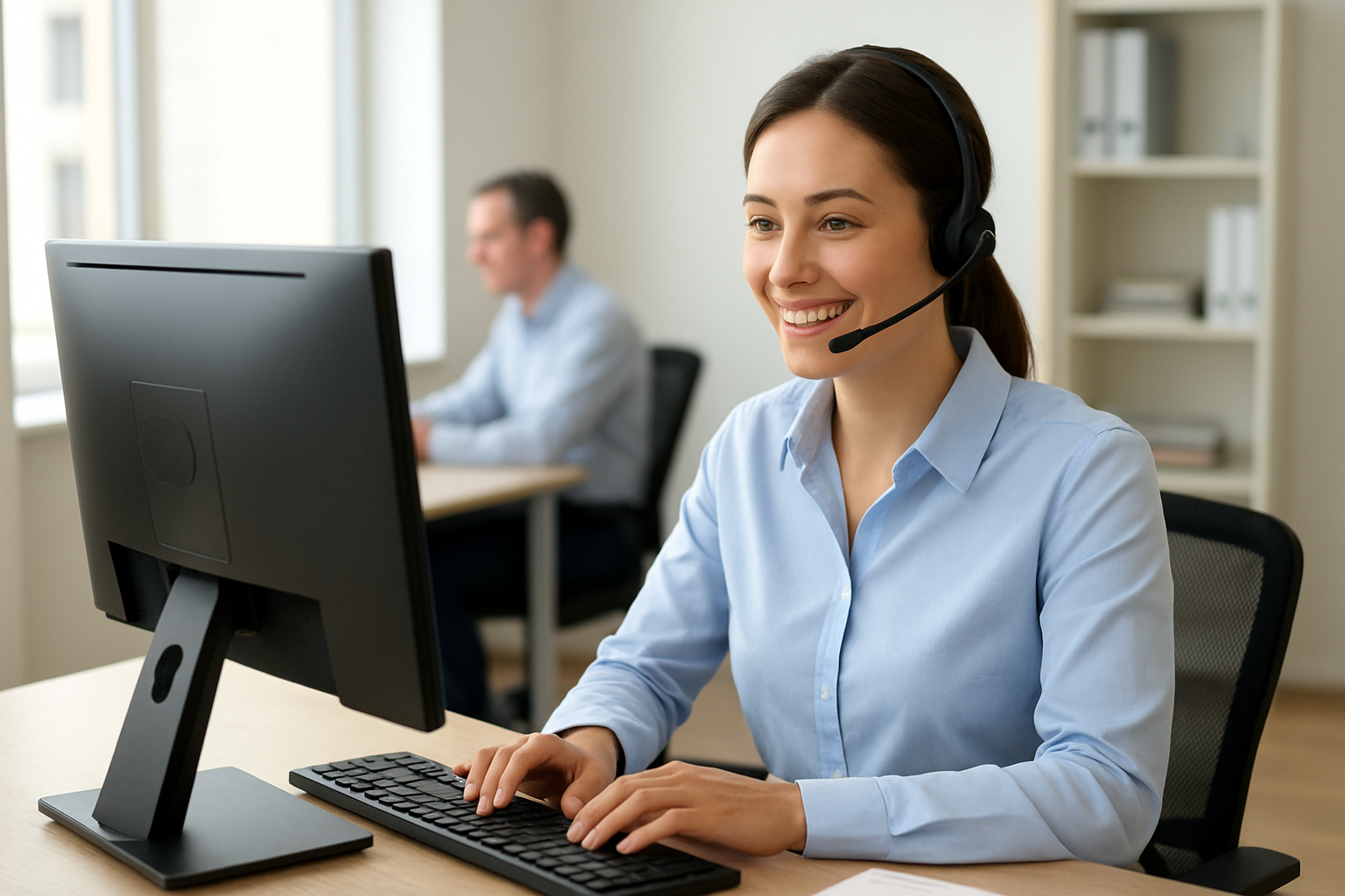 A woman wearing a light blue shirt with a headset, working at a computer in an office. A man is in the background working at another desk.
