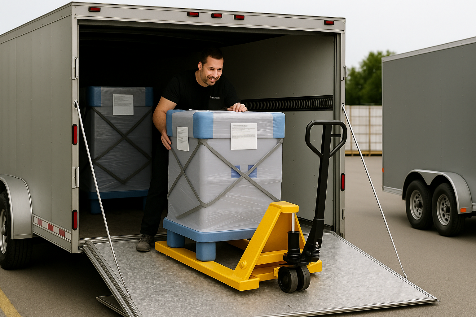 A man loading large water containers onto a trailer using a pallet jack.