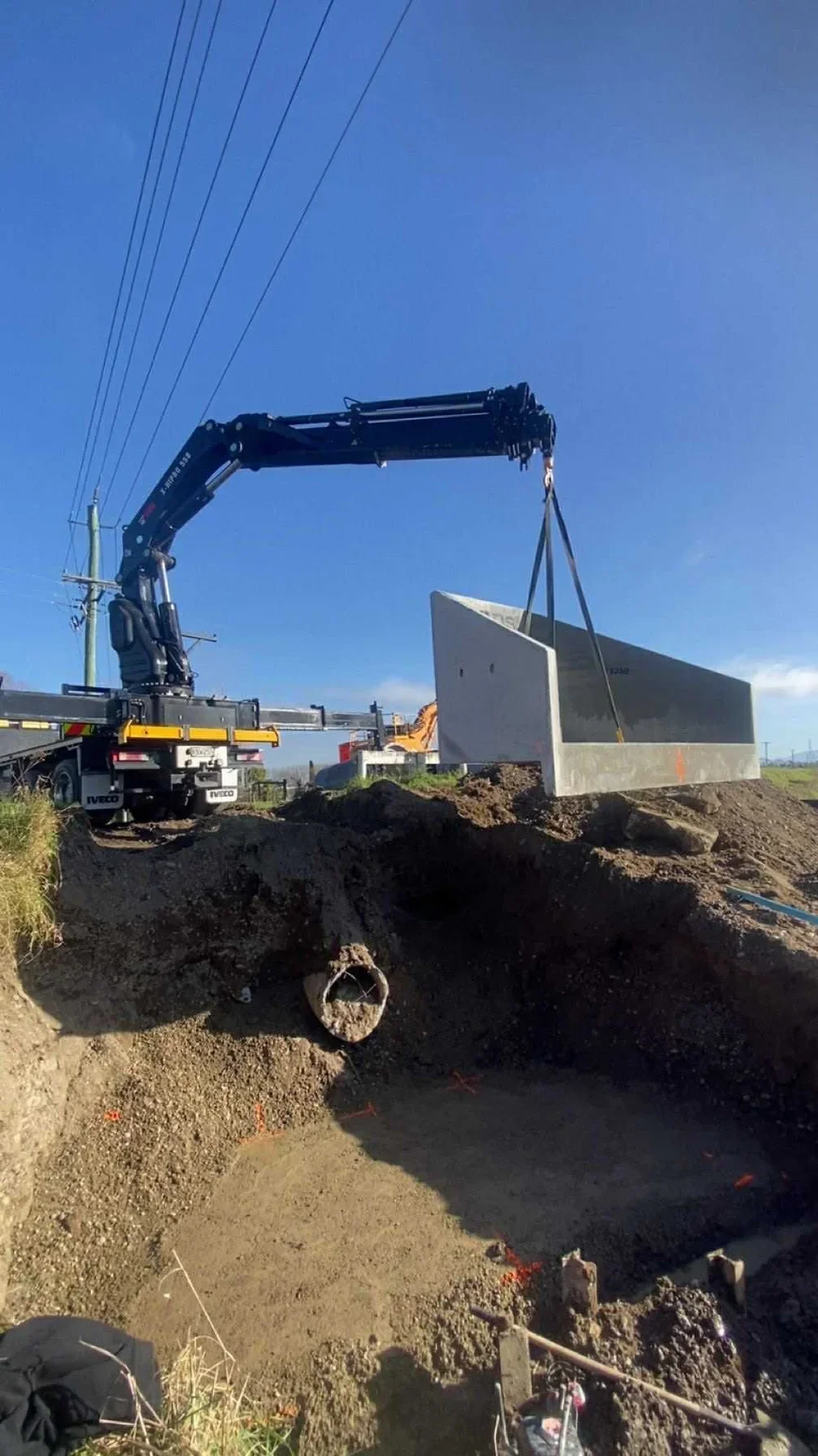 heavy, concrete, digger, drain, pipe, stormwater