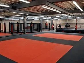 Empty martial arts gym with padded red and black mats and punching bags
