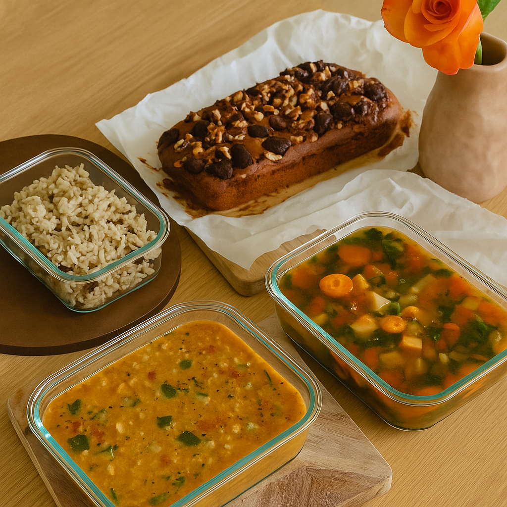 Homemade meals including a loaf of banana bread with nuts and chocolate chips, a bowl of rice, a rectangular container of vegetable soup, and a square container of lentil soup on a wooden table with a vase of orange roses.