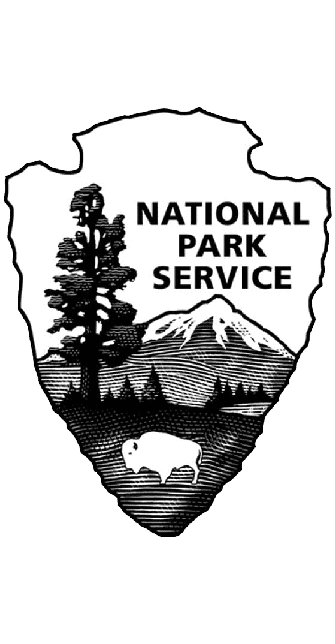 Black and white logo of the National Park Service featuring a mountain, a tree, and a bison inside an outline of a landmass.