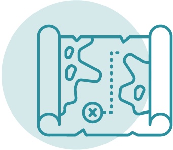 A blue illustration of a treasure map with a dotted line leading to an X mark.