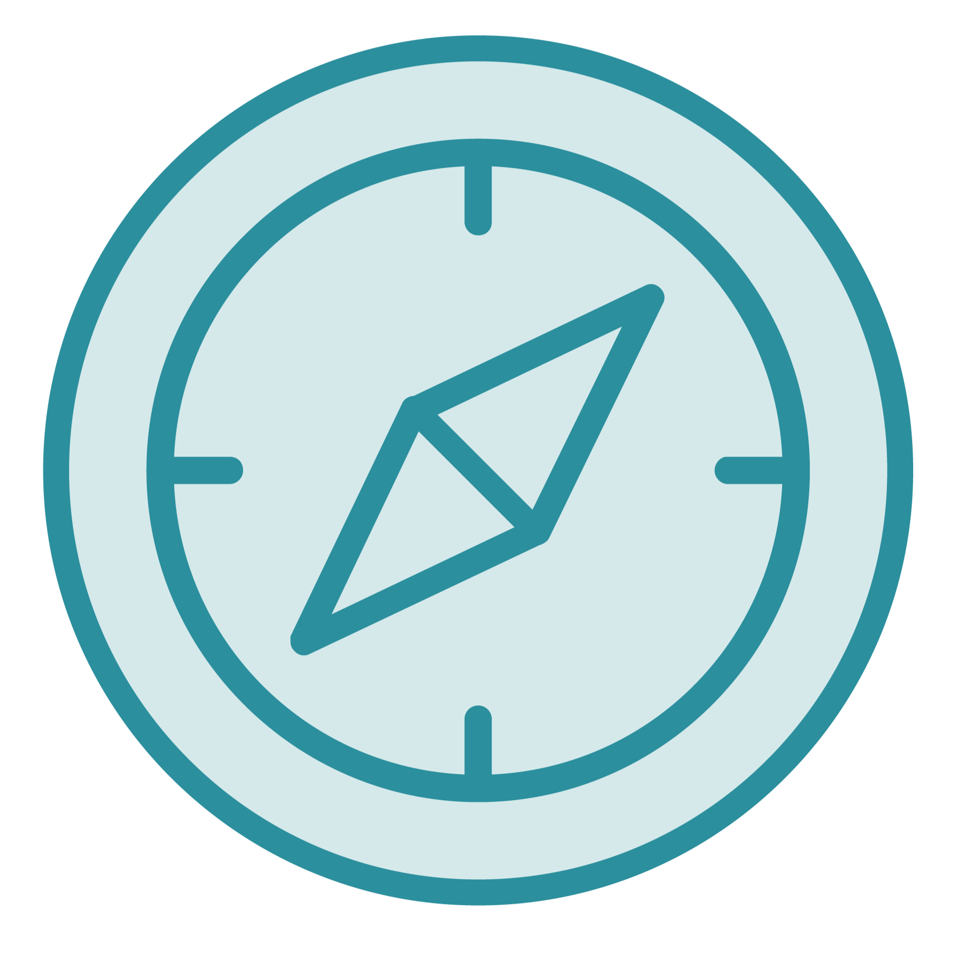 A digital illustration of a compass with a light blue face and dark blue outline, showing directional markings and a navigational needle pointing northeast.