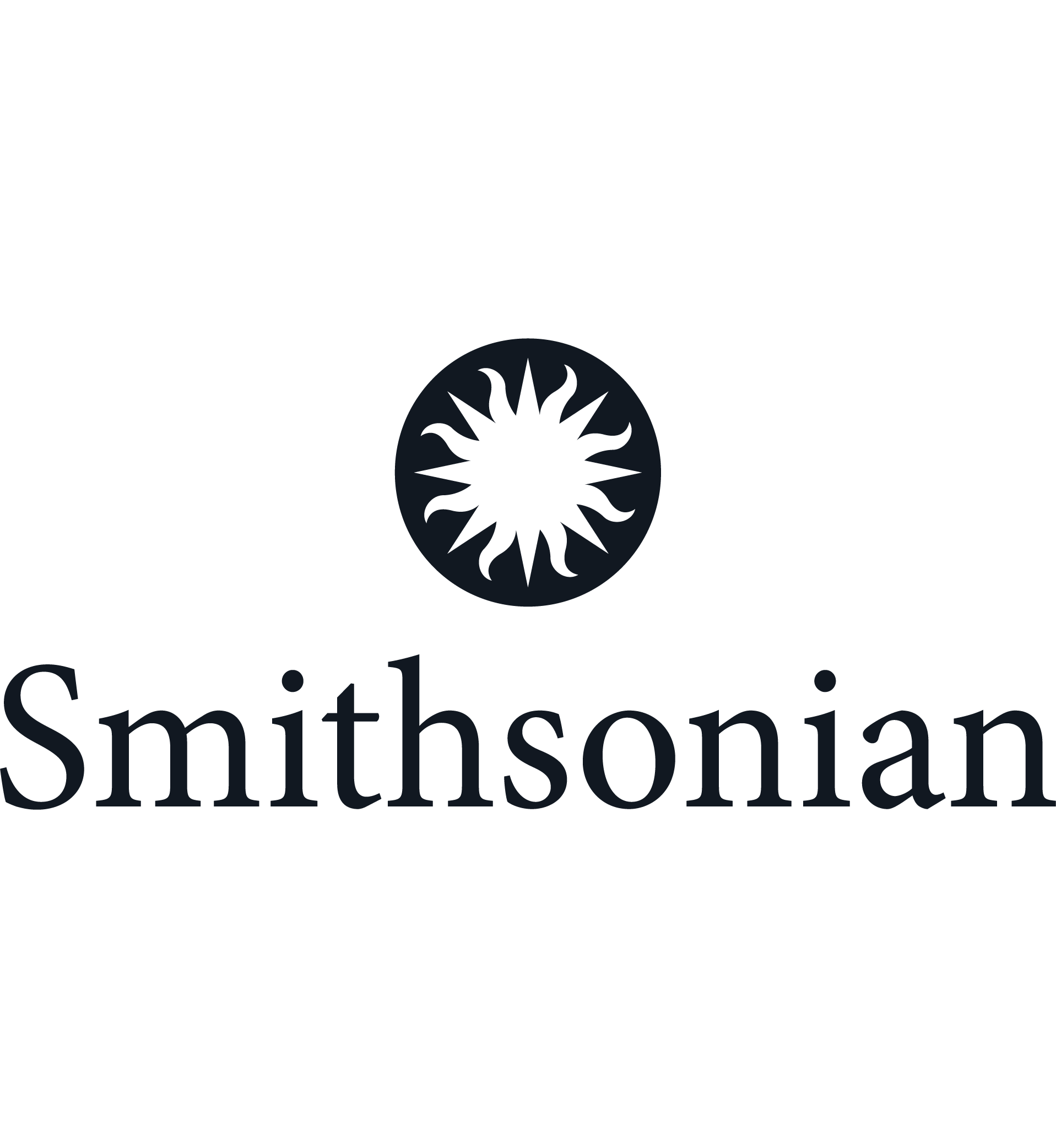 Smithsonian logo with a black circular emblem featuring a stylized sunburst design and the word 'Smithsonian' in black text beneath it.