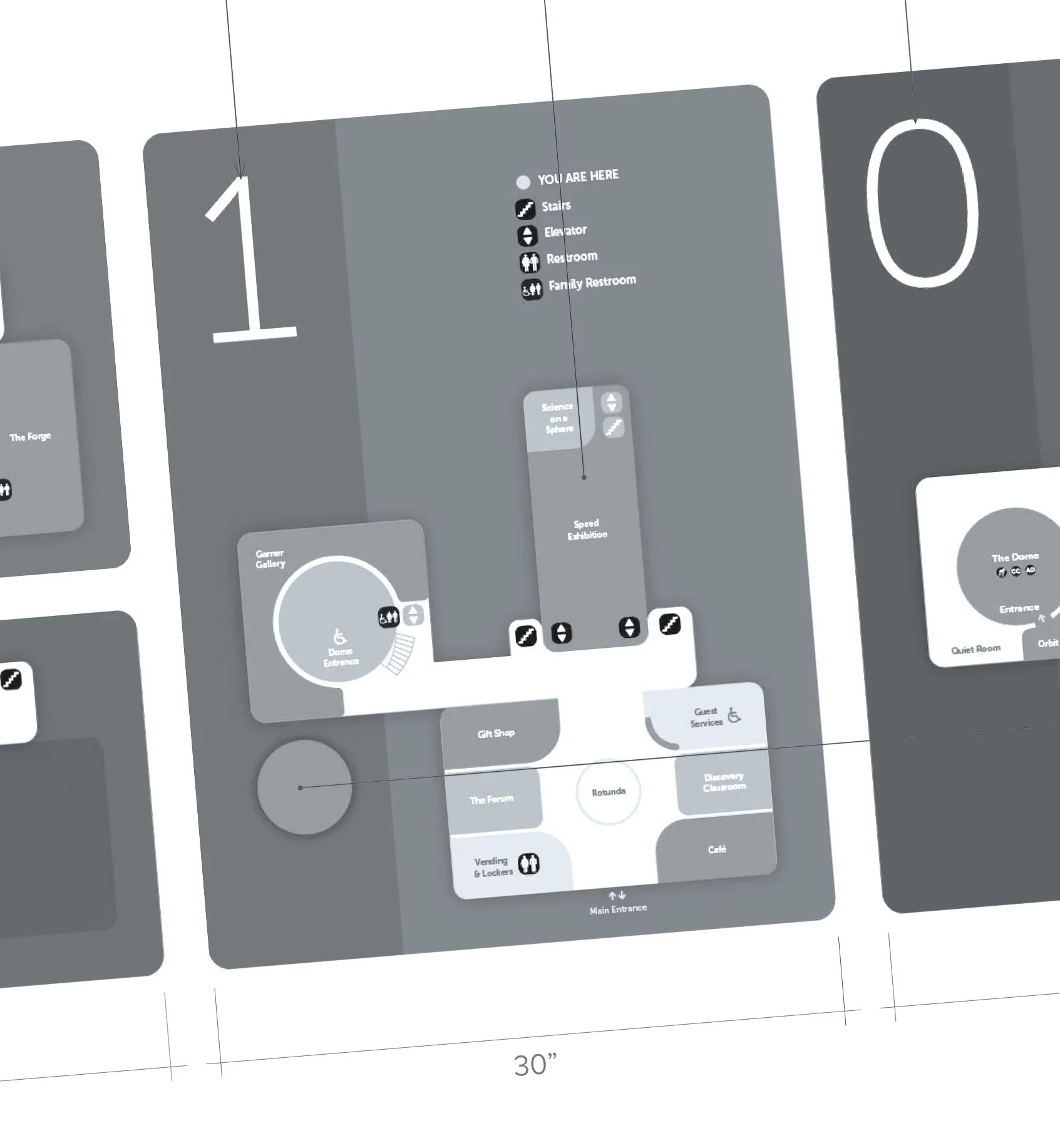 Floor plan of a building showing various sections including a main entrance, guest services, gift shop, rotunda, cafe, display areas, restrooms, and other facilities. The map indicates accessible entrances and pathways.