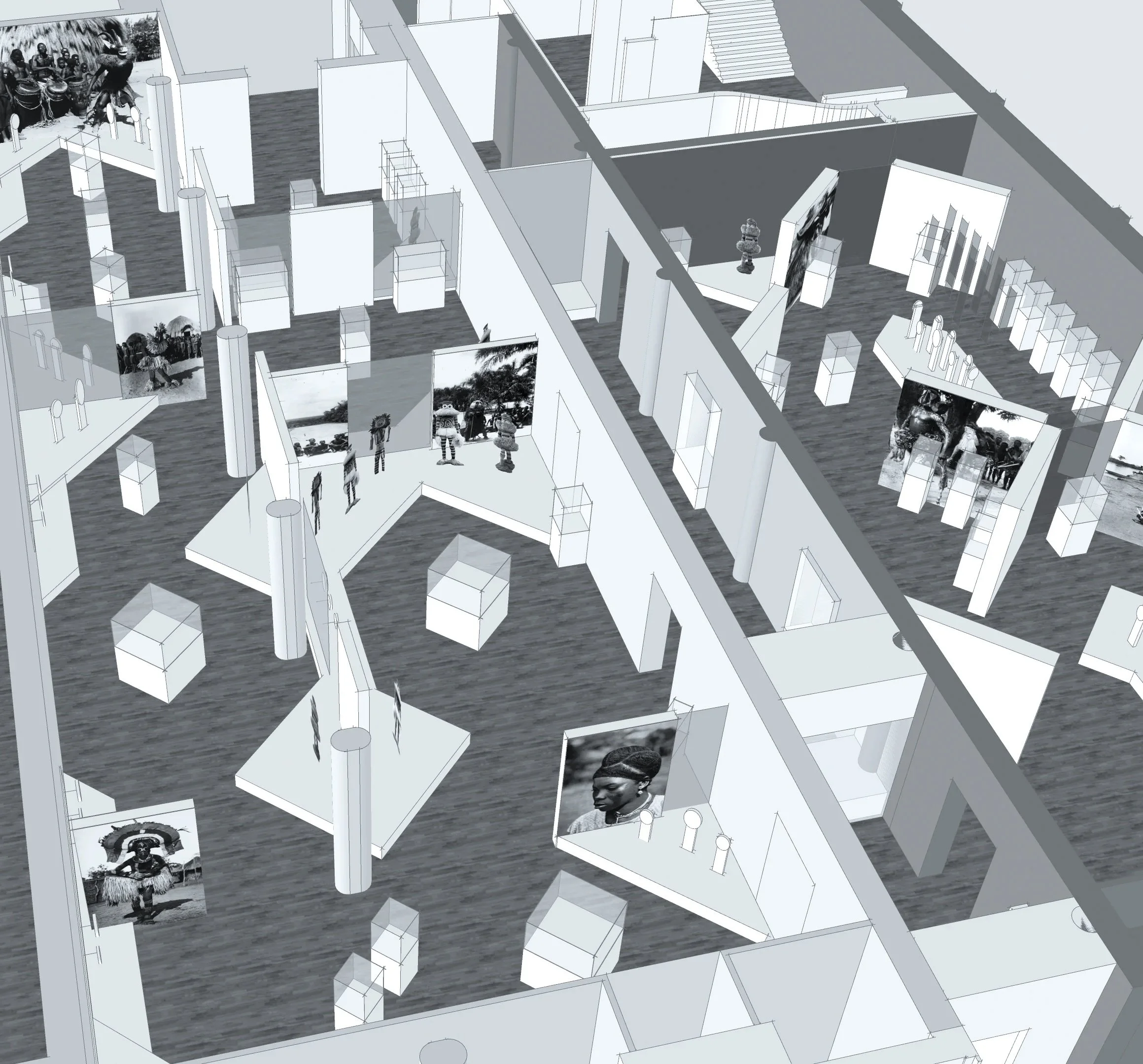A 3D model of an art gallery with various black and white photographs displayed on walls and some on stands. The gallery features multiple rooms, partitioned sections, and display cases.