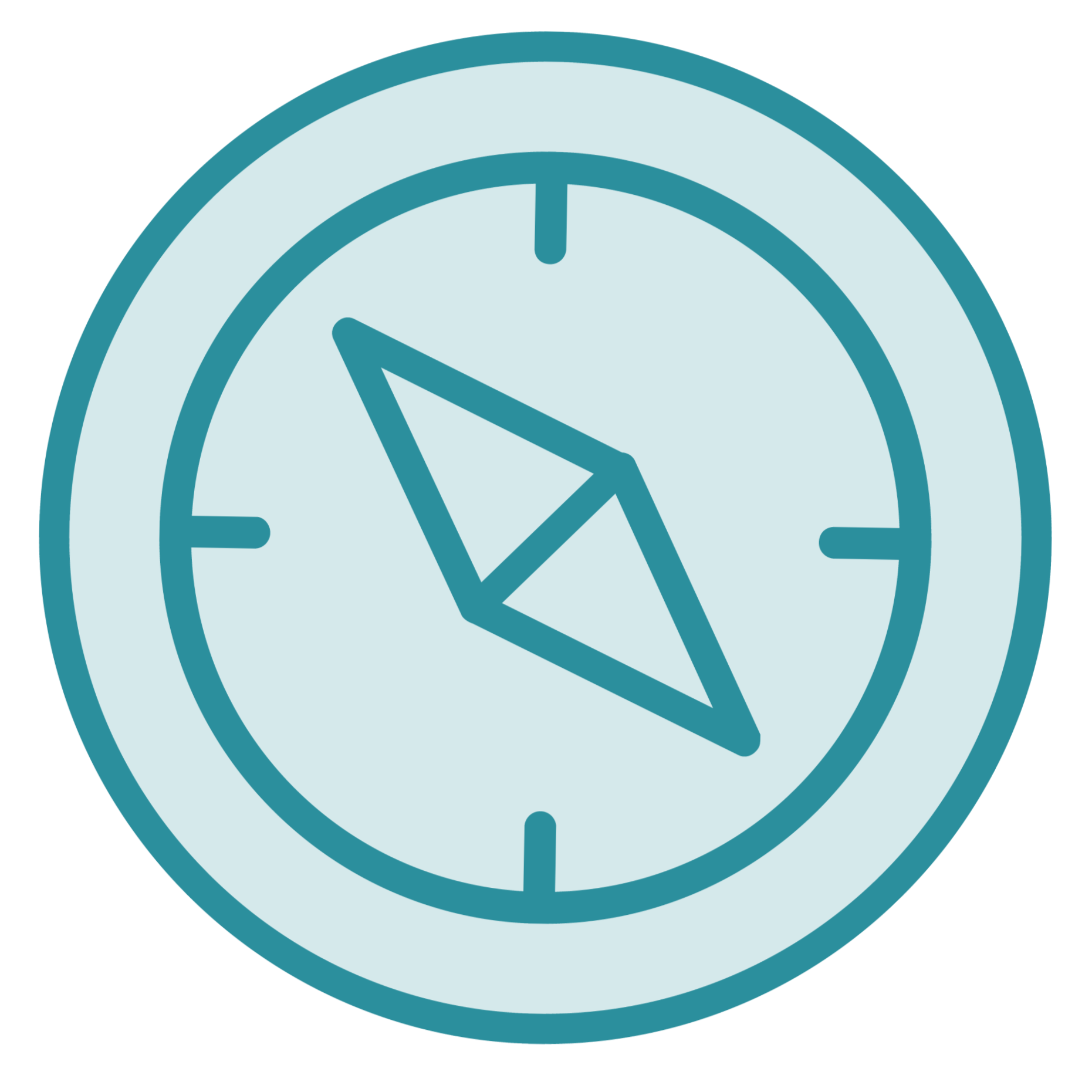 A circular compass with blue outlines and a light blue face, showing a compass needle pointing northwest.