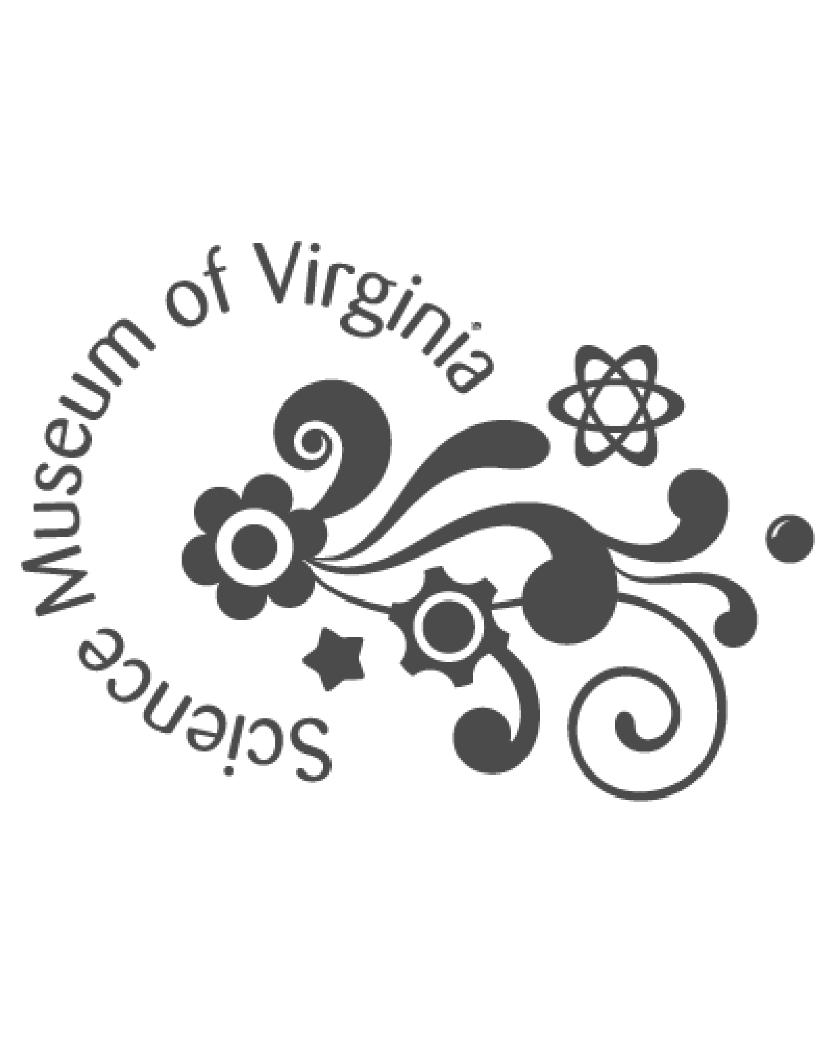 Black and white logo for the Science Museum of Virginia with floral and scientific elements.