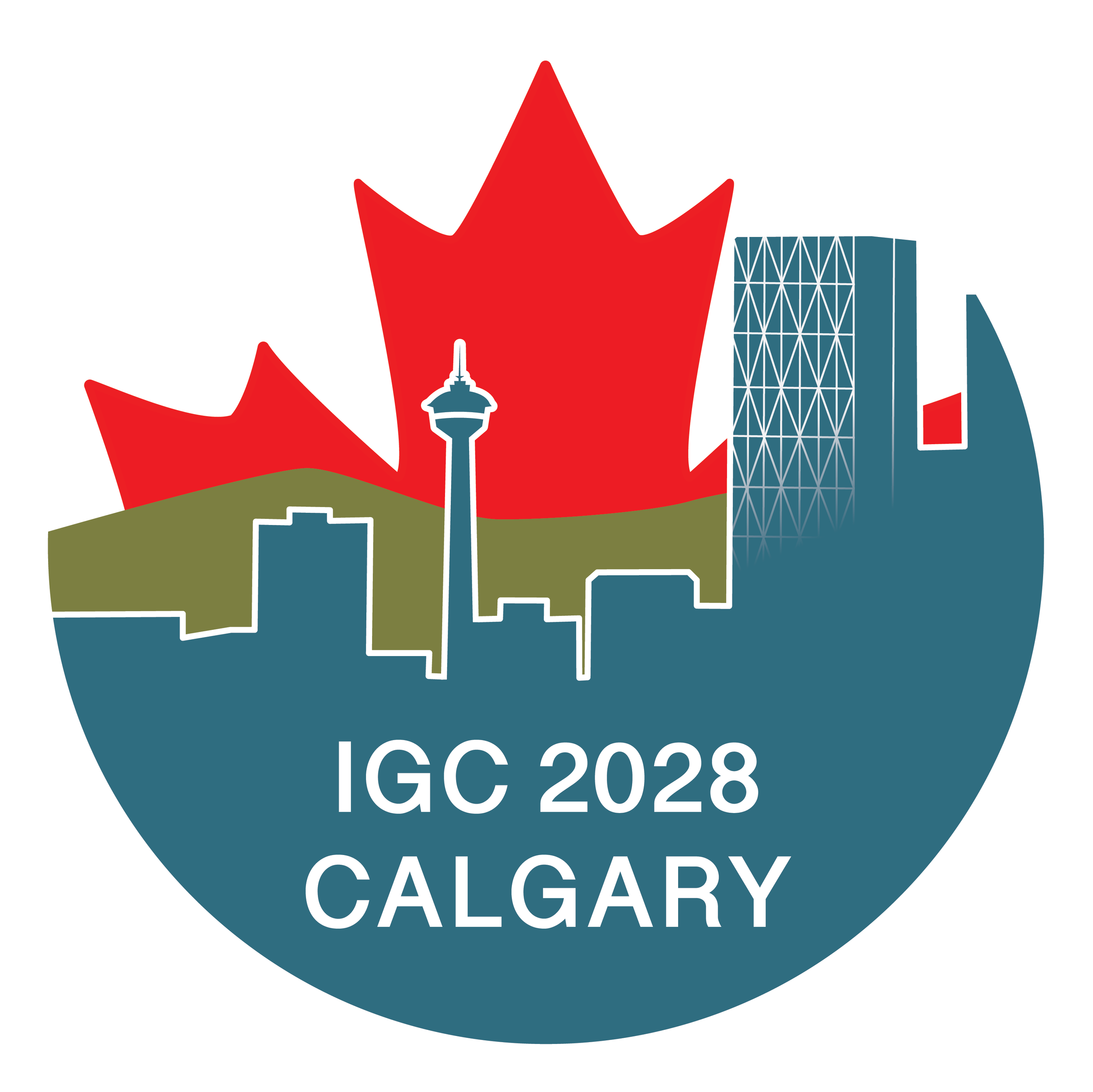 Logo for the 2028 International Geological Congress (IGC 2028) hosted in Calgary, featuring a stylized city skyline, large red maple leaf, and text in white and blue.