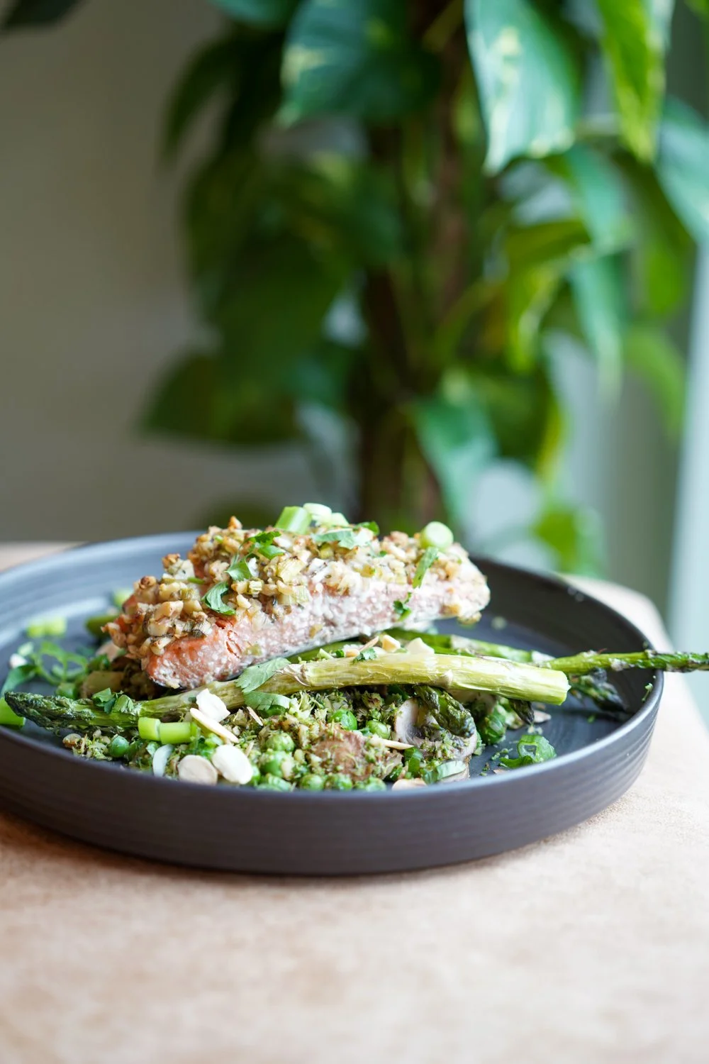 Walnut Crusted Salmon & Asparagus & Broccoli Fried Rice