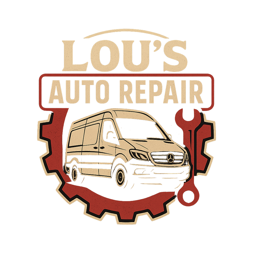 Neon sign for Lou's Auto Repair with a van, gear, and wrench symbols.