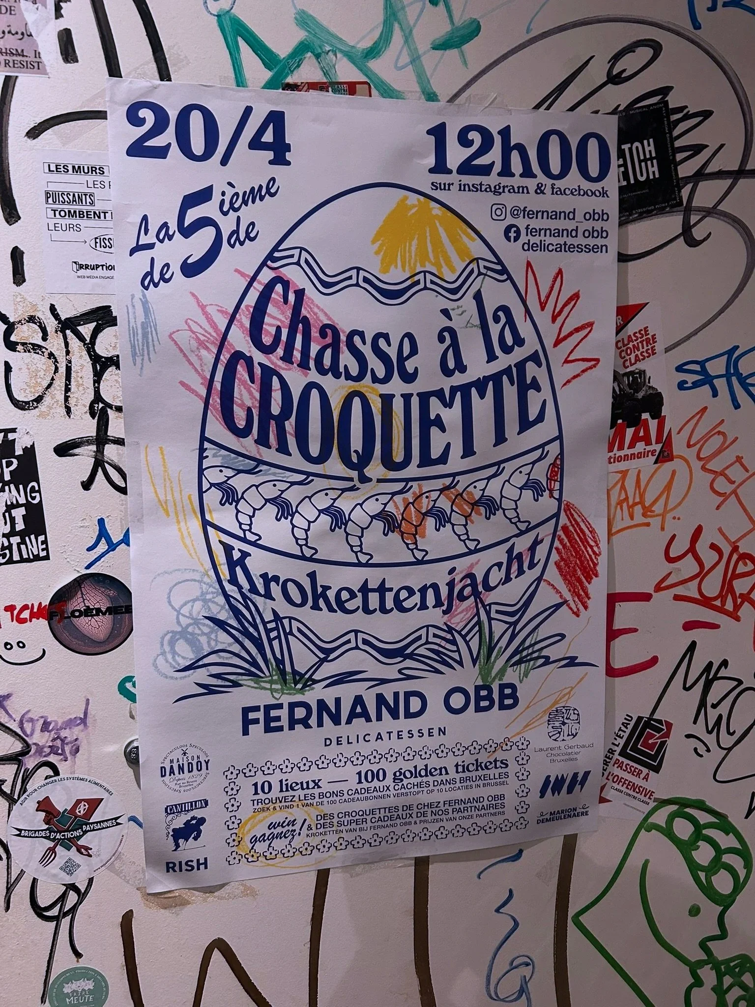 Poster advertising a croquette hunting event called 'Chasse à la Croquette,' taking place on April 20th at noon on Instagram and Facebook, organized by Fernand OBB delicatessen, featuring multiple winning locations and a prize of 100 euro tickets.