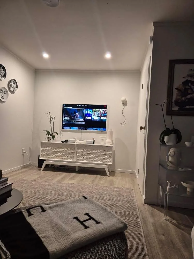Living room with a mounted television, white decorative cabinet, plants, wall art, and a rug with a folded blanket on a round table.