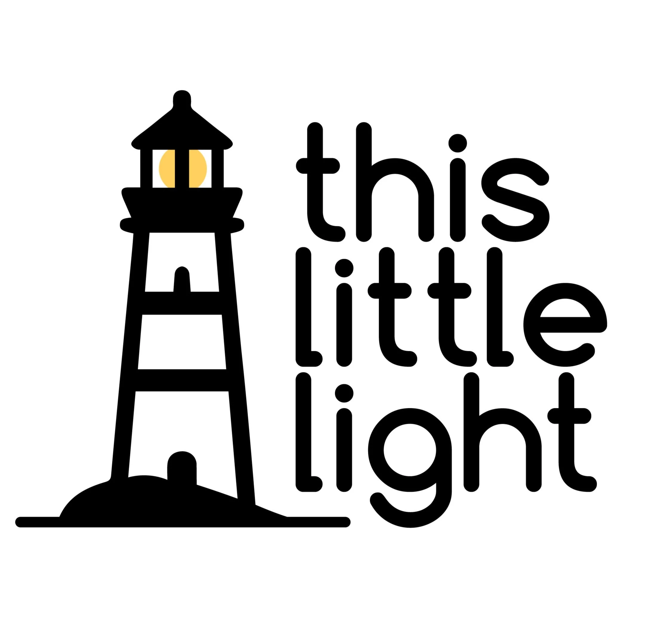Silhouette of a lighthouse next to the text 'this lighthouse' in black on a white background.