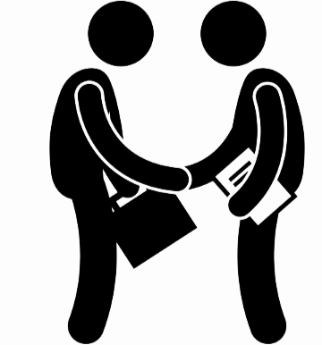 Two silhouetted figures shaking hands, each holding a briefcase.