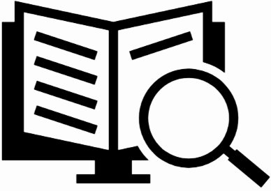 Icon of an open book with a magnifying glass in front of it.