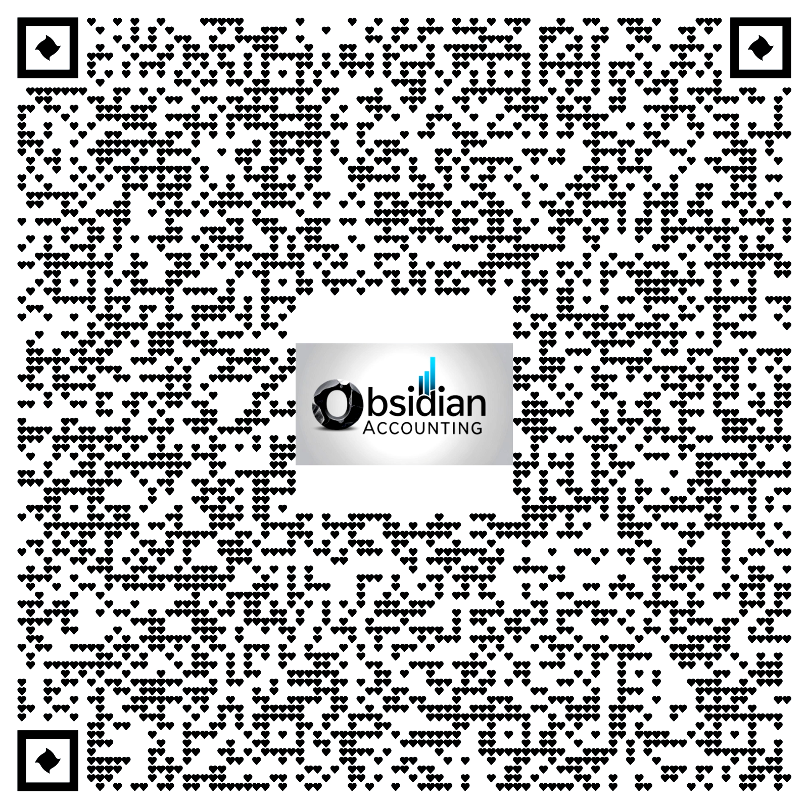 QR code with black hearts surrounding the logo of Obsidian Accounting, which features a circular icon and the company name.