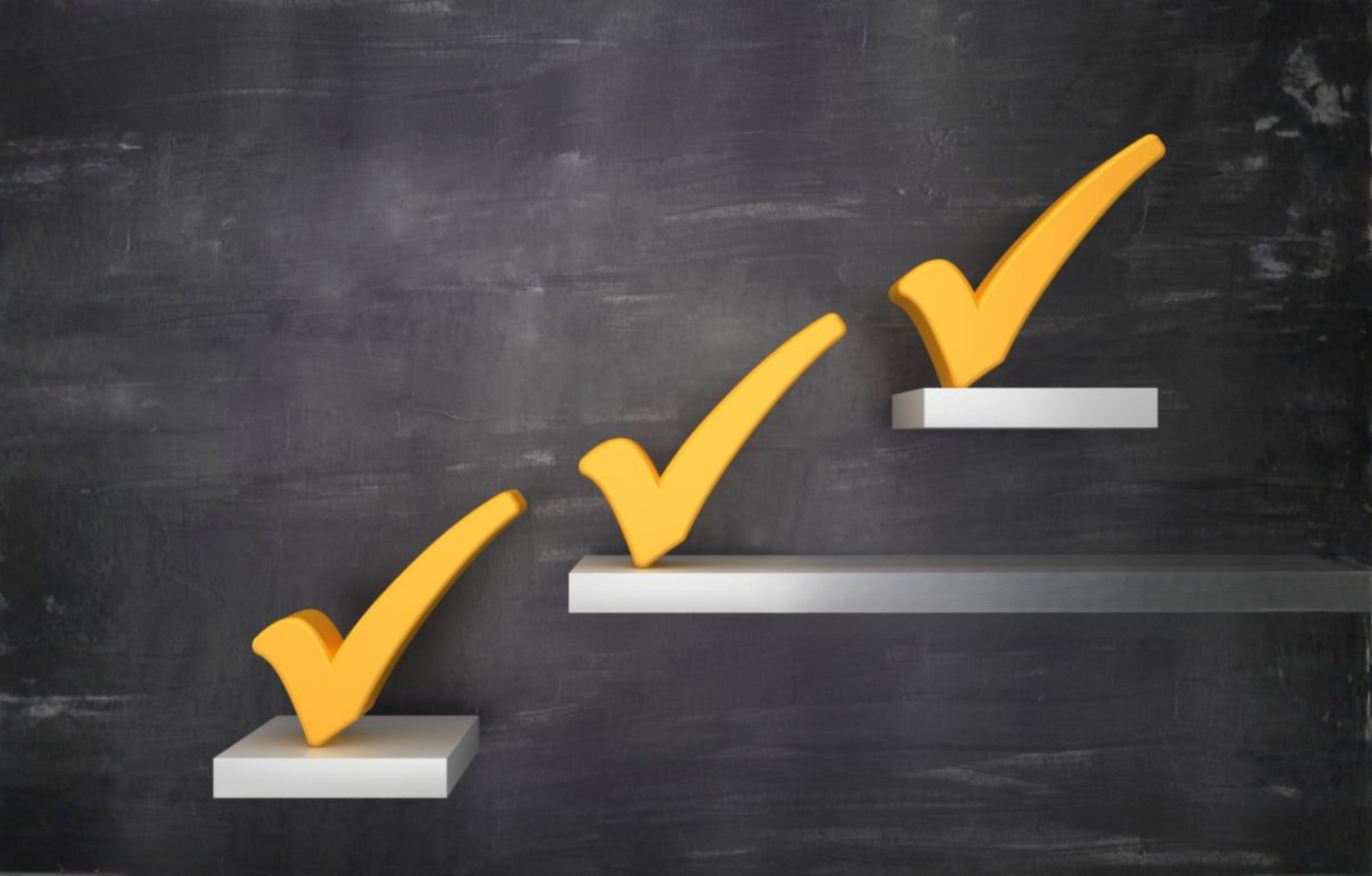 Three yellow check marks on white platforms arranged at different heights on a dark gray background.