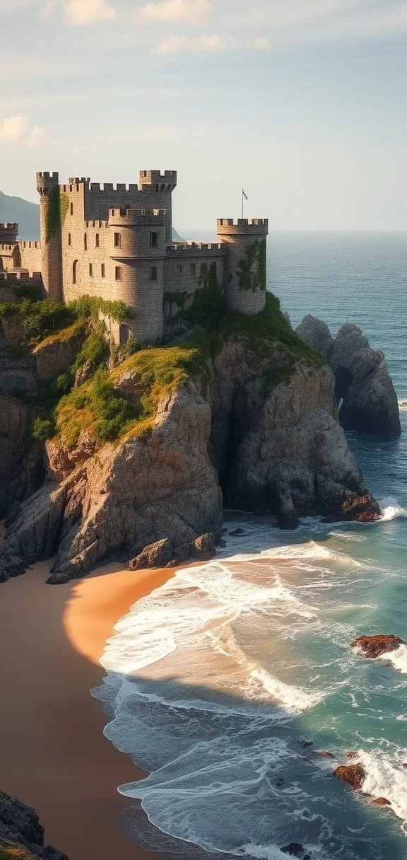 A medieval castle perched on a rocky cliff overlooking the ocean, with waves crashing on a sandy beach below.