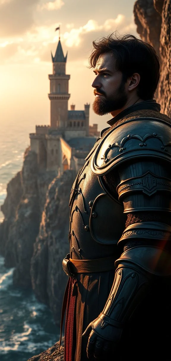 A man dressed as a medieval knight standing on a cliffside overlooking the ocean with a castle in the background during sunset.
