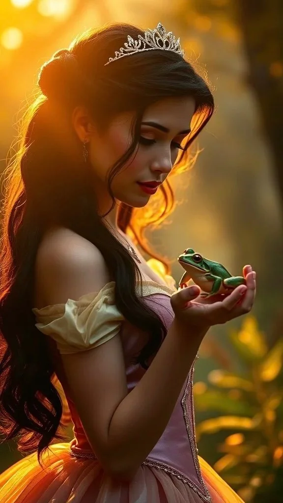 A woman dressed as a princess or fairy tale character wearing a tiara, holding a green frog in her hand, with a sunset or golden hour background.