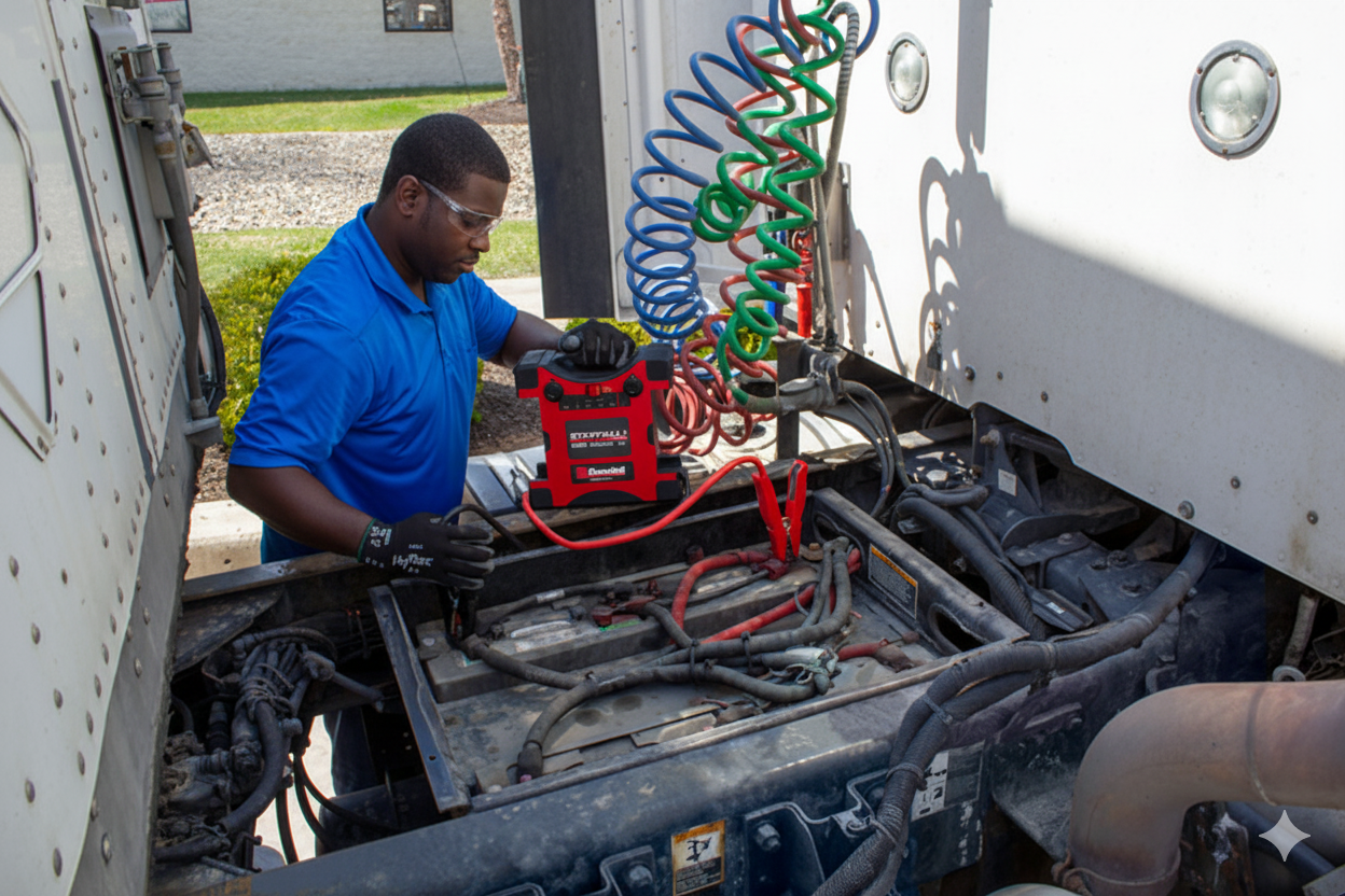 A technician wearing a blue shirt, safety glasses, and gloves is working on a large vehicle engine, using a red jump starter or battery charger connected to the engine with black and red cables.