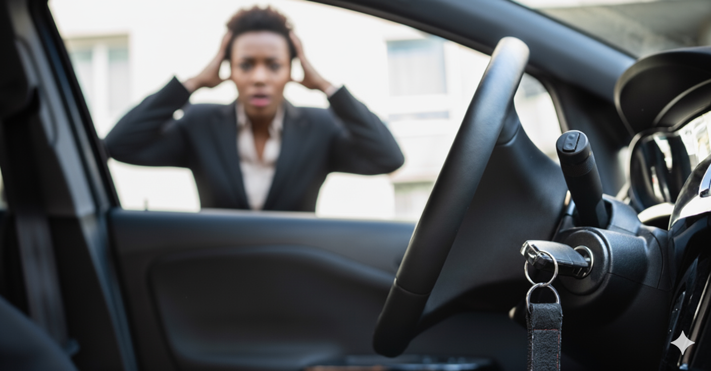 A woman stands outside a car, looking confused and holding her head with both hands, while the car key is in the ignition inside the vehicle.