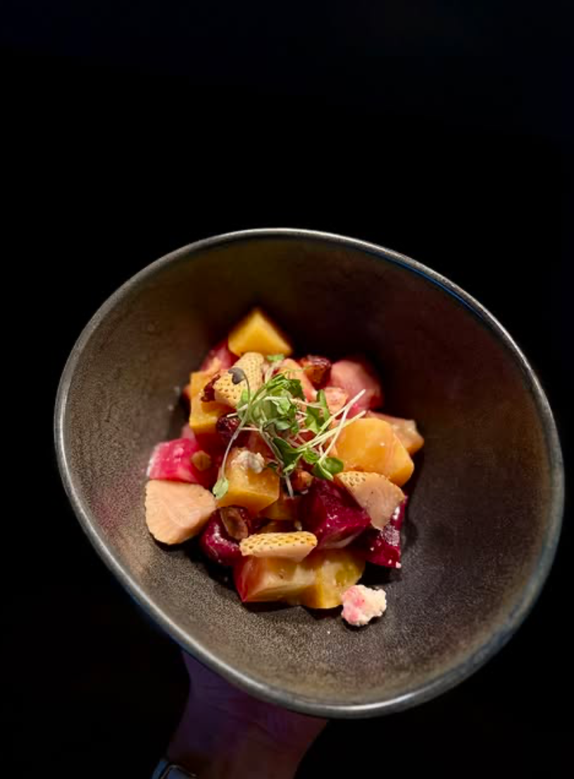 A black bowl filled with a colorful salad that includes yellow, red, and orange pieces of fruit or vegetable, garnished with microgreens from The Hudson Bend