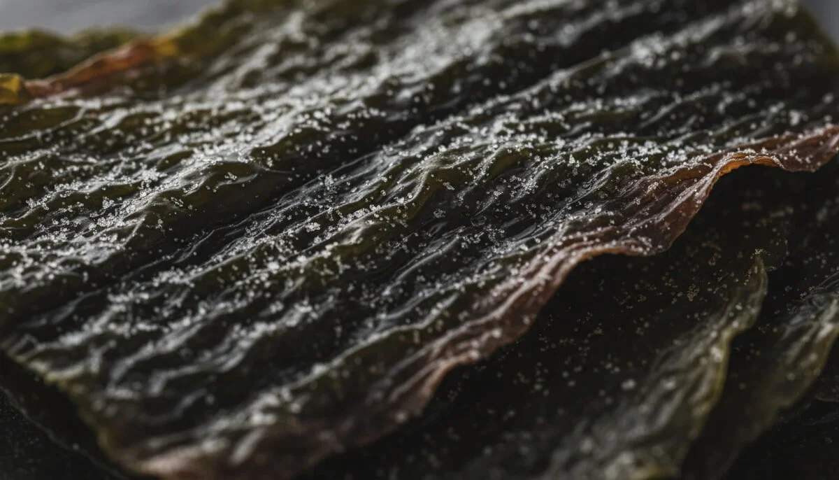 Close-up of a seaweed sheet with salt crystals on its surface