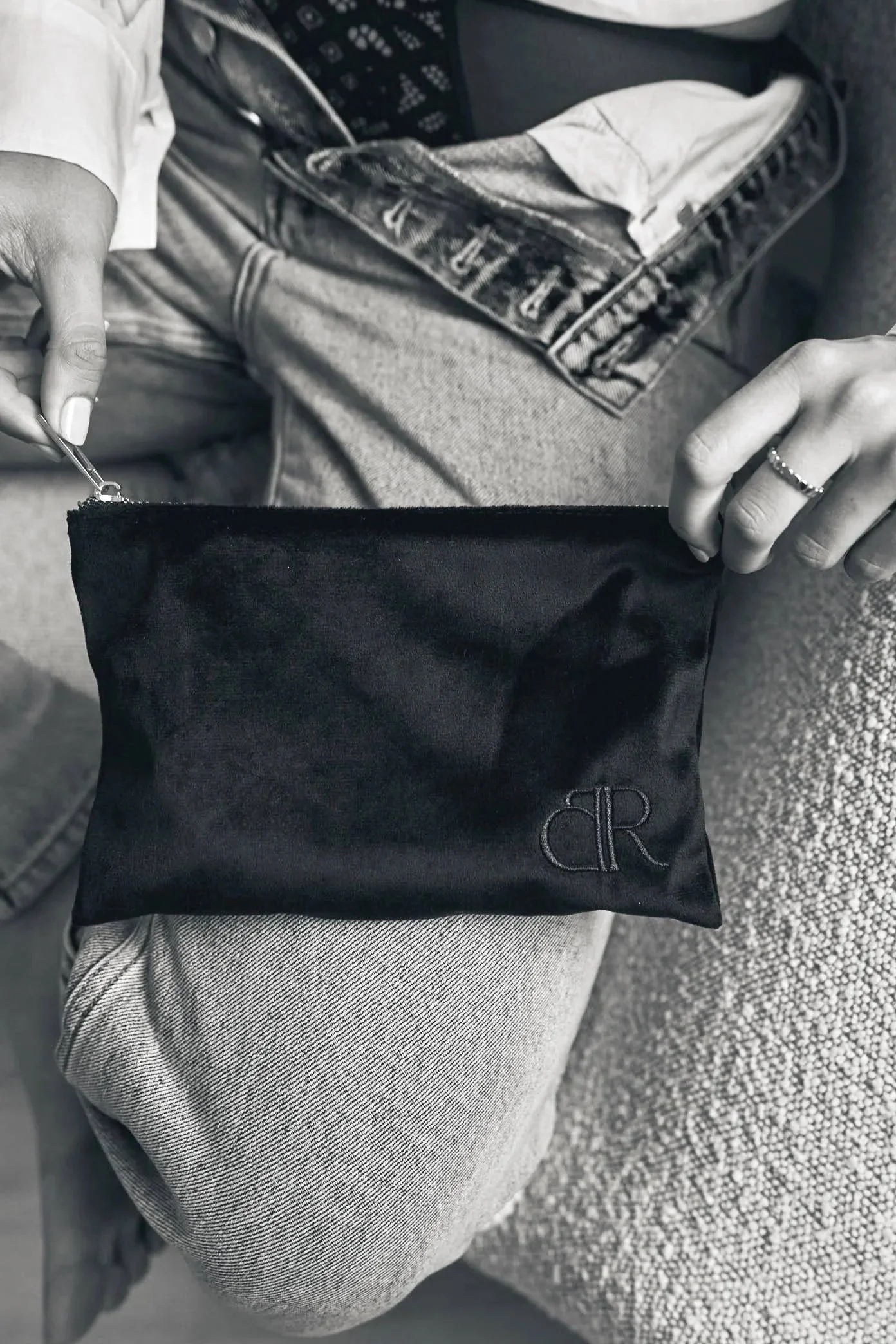 Luxury period underwear pouch crafted for discreet storage of clean or used menstrual underwear.