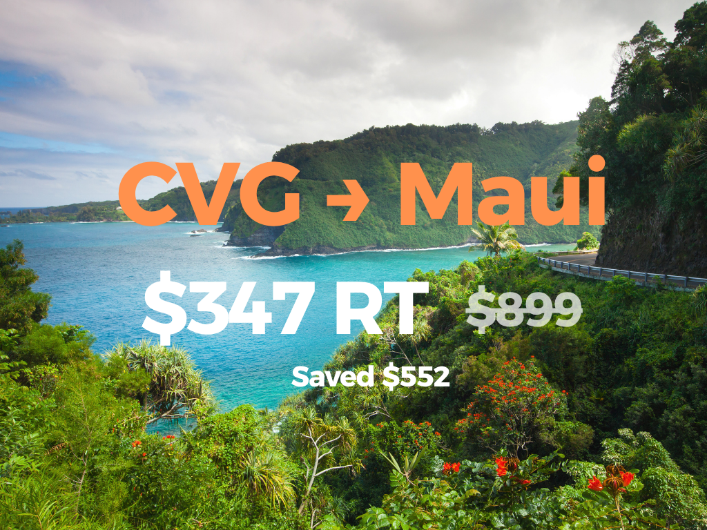 Travel deal advertisement for flights from Cleveland Hopkins International Airport to Maui, showing a tropical coastal landscape with green hills, blue water, and lush vegetation, and text with prices and savings.