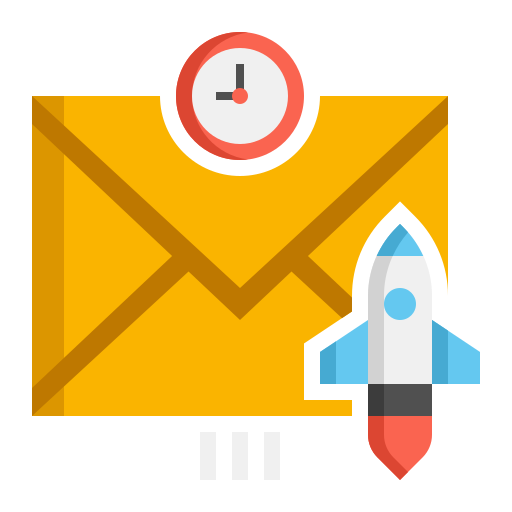 Email envelope with a clock and a rocket taking off