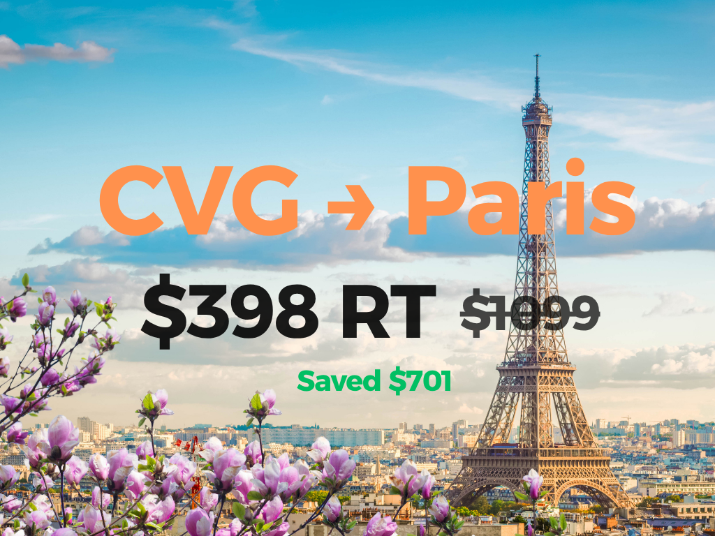 Paris skyline with the Eiffel Tower, pink flowers in the foreground, displaying a travel promotion for flights from Cincinnati to Paris, with prices, discounts, and savings highlighted.