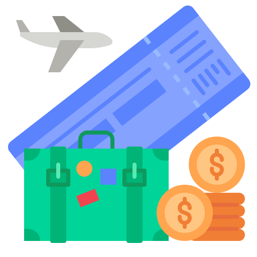 Airplane, boarding pass, suitcase, and coins.